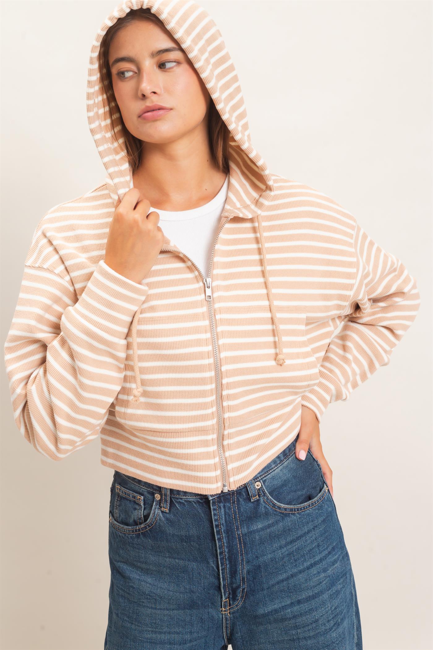 Wholesale Striped Zip-Up Hoodie Hoodies DZ26E433 SAND DOUBLE ZERO