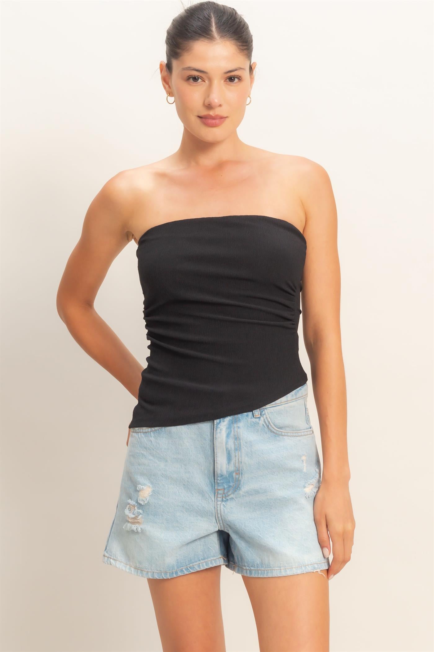 Wholesale Asymmetrical Tube Top Clothing Tops HF26C180 BLACK HYFVE
