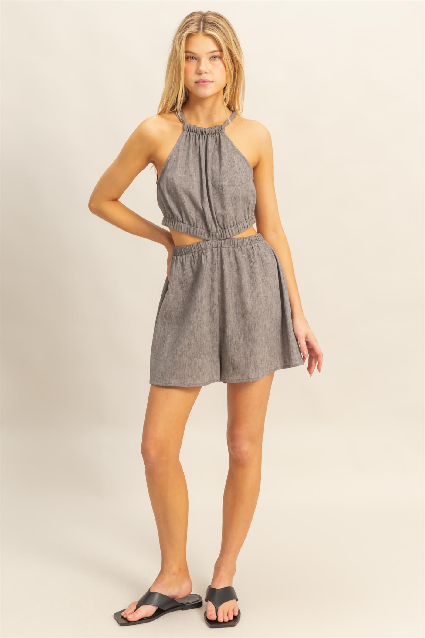 Wholesale Halter Neck Side Cutout Relaxed Fit Romper Clothing HF25A221 CHARCOAL HYFVE