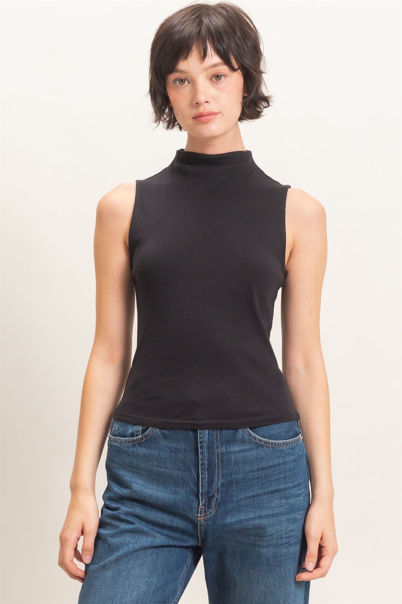 Wholesale Sleeveless Mock Neck Top Clothing Tops DZ26E397 BLACK DOUBLE ZERO