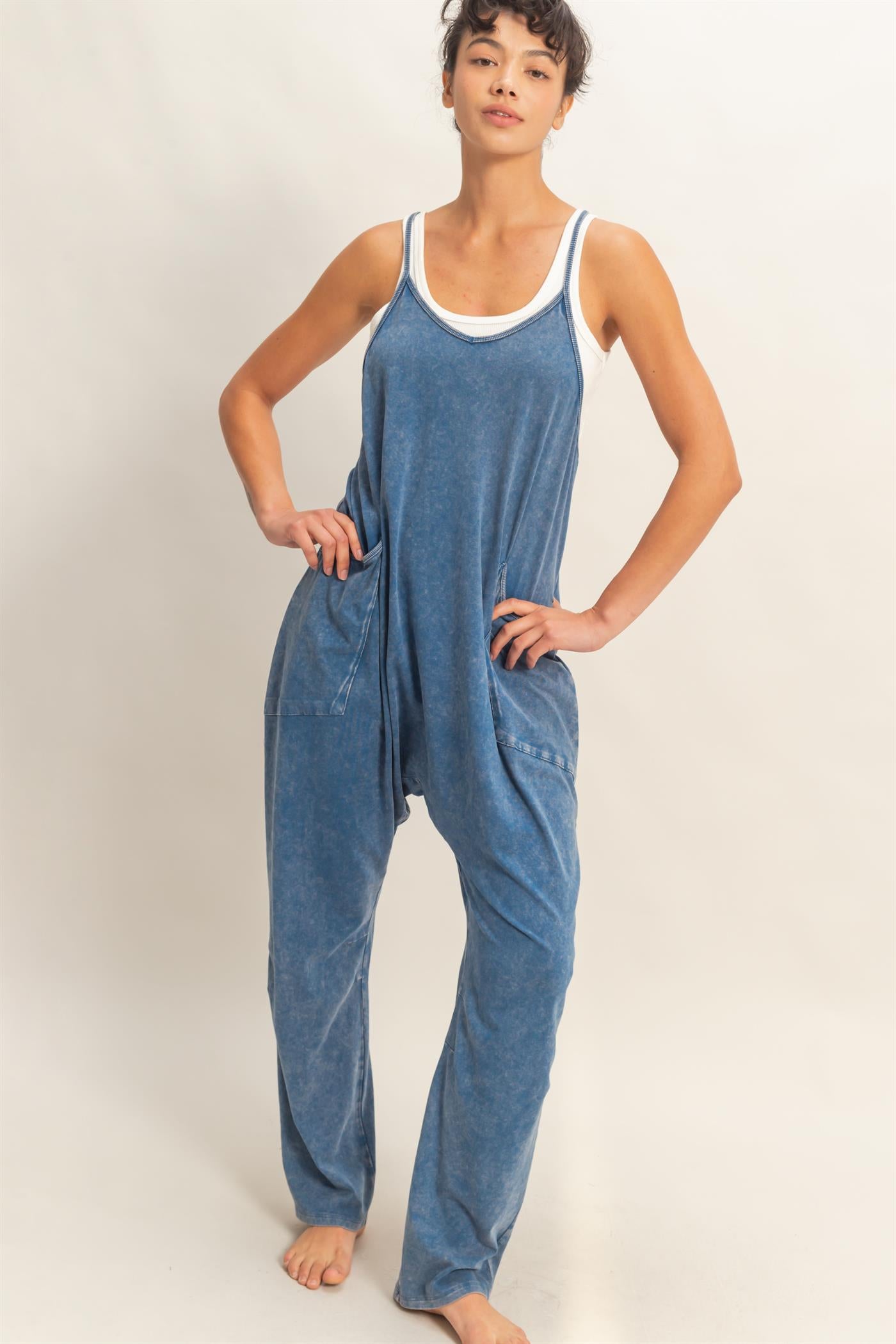 Wholesale Mineral Wash Spaghetti Strap Jumpsuit Clothing DZ26C375 NAVY DOUBLE ZERO