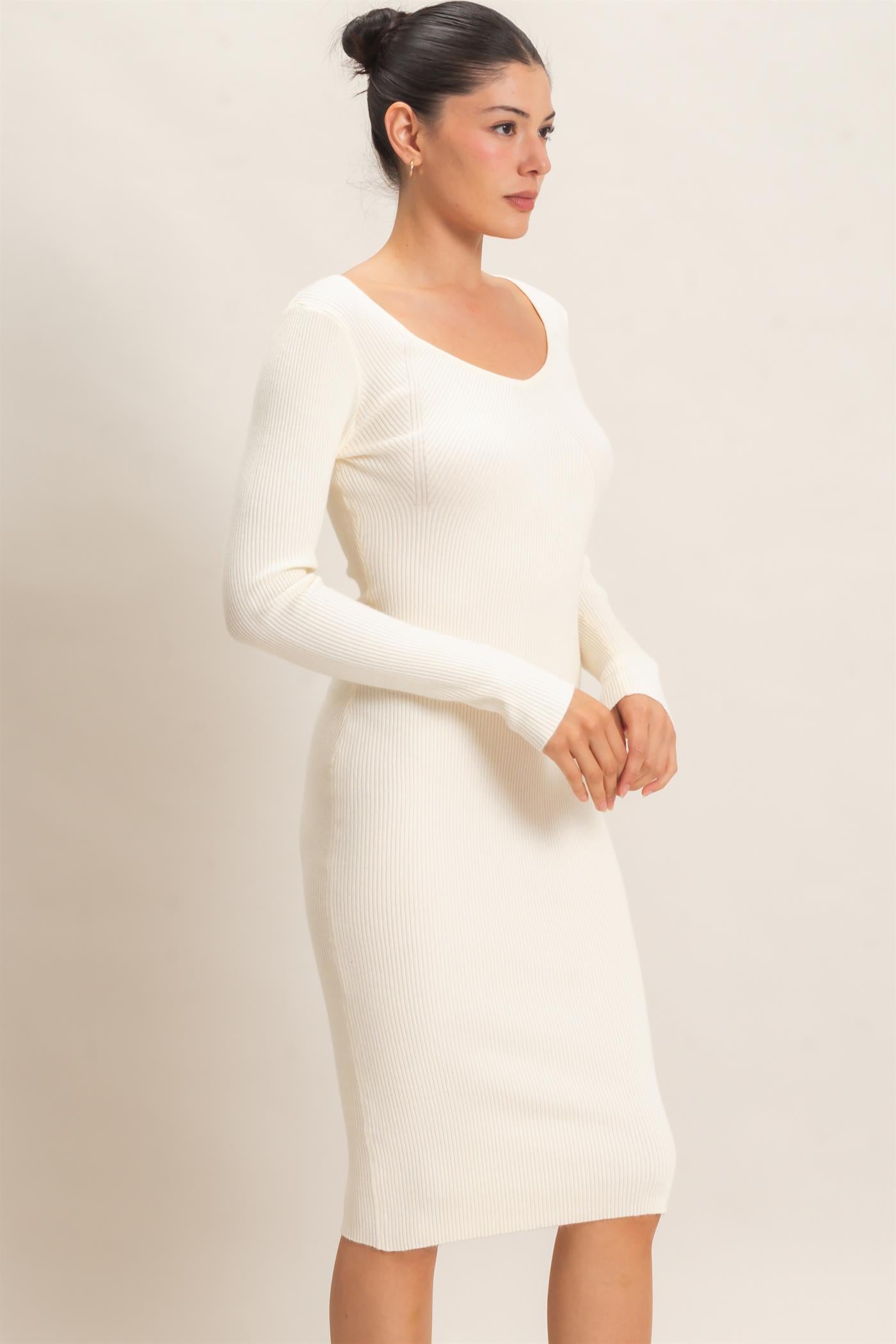 Wholesale Ribbed V-Neck Long Sleeve Dress Dresses HF26E217 WARM CREAM HYFVE