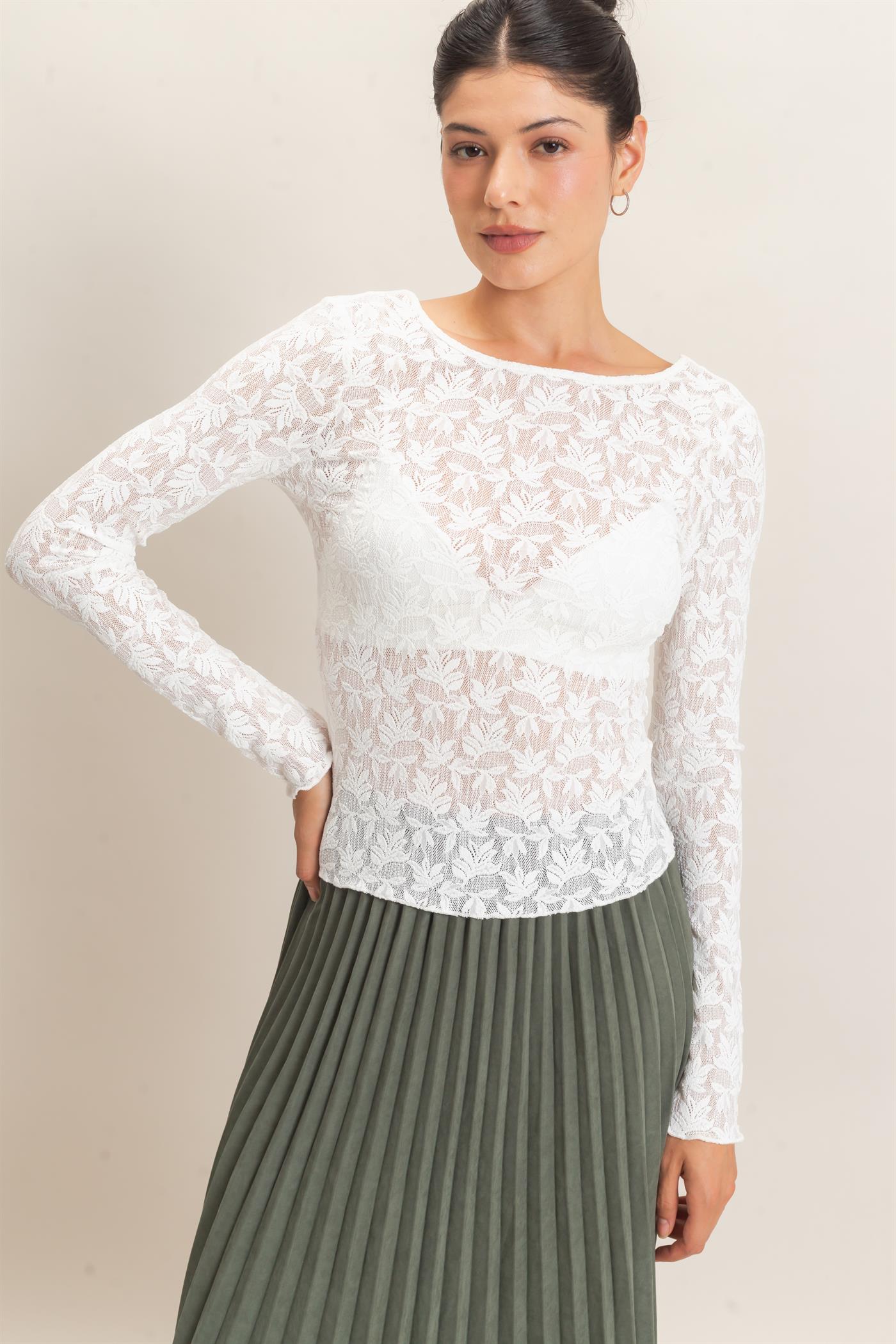 Wholesale Floral Lace Long Sleeve Top Clothing Tops HF26E309 OFF WHITE HYFVE