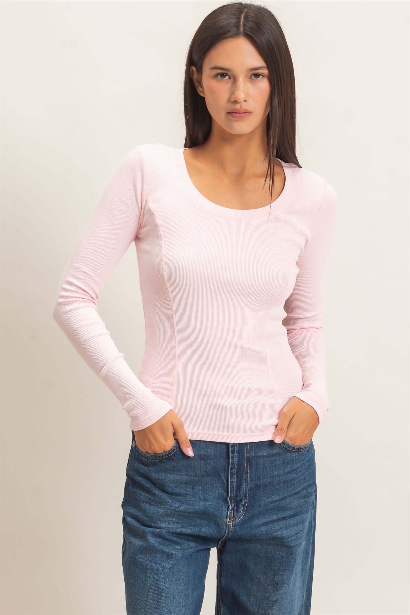 Wholesale Pigment Dye Seam Detail Scoop Neck Top Clothing Tops DZ26E242 LIGHT PINK DOUBLE ZERO