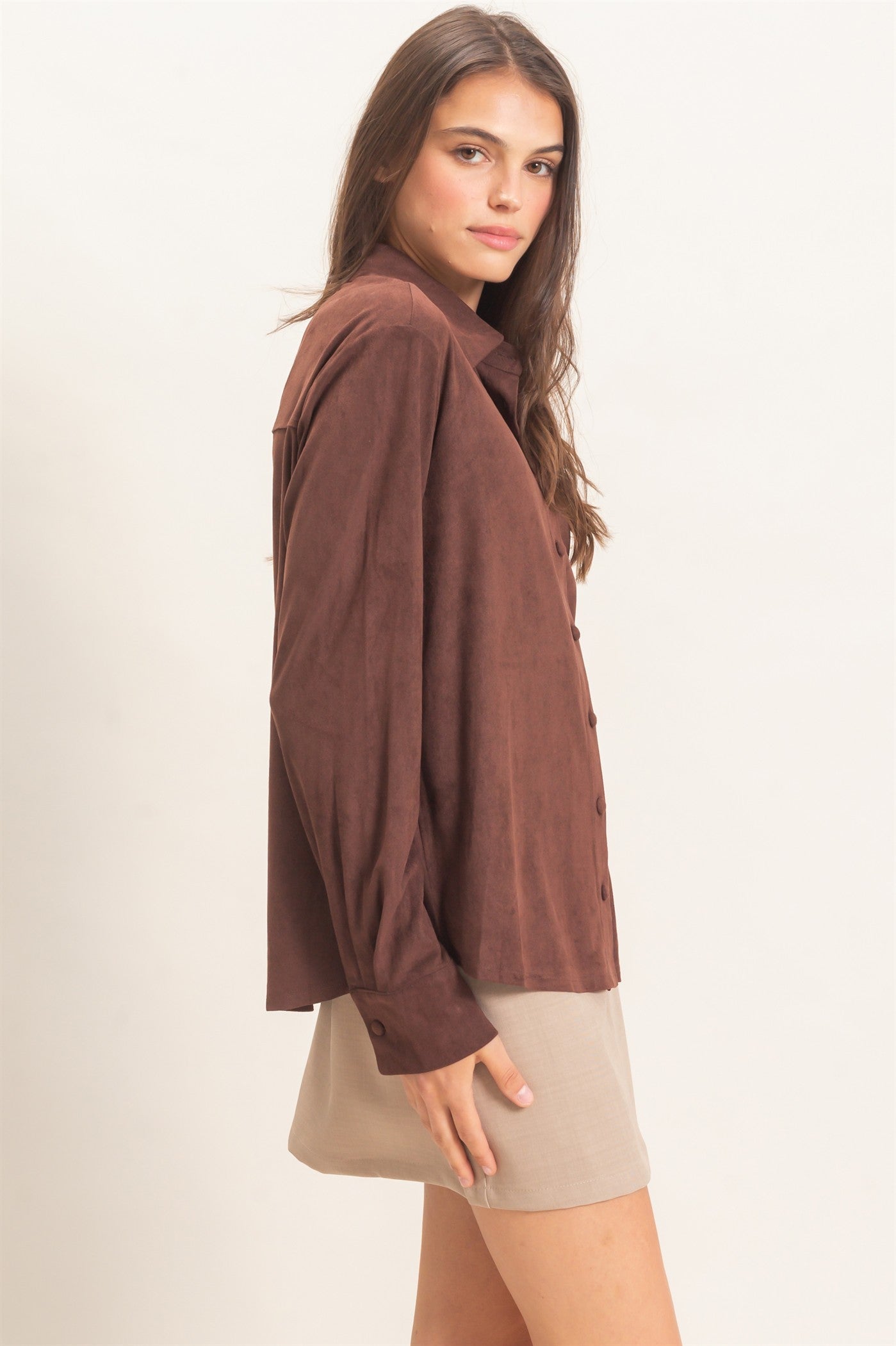 Wholesale Suede Button-Up Shirt Shirts HF26F083 CHESTNUT HYFVE