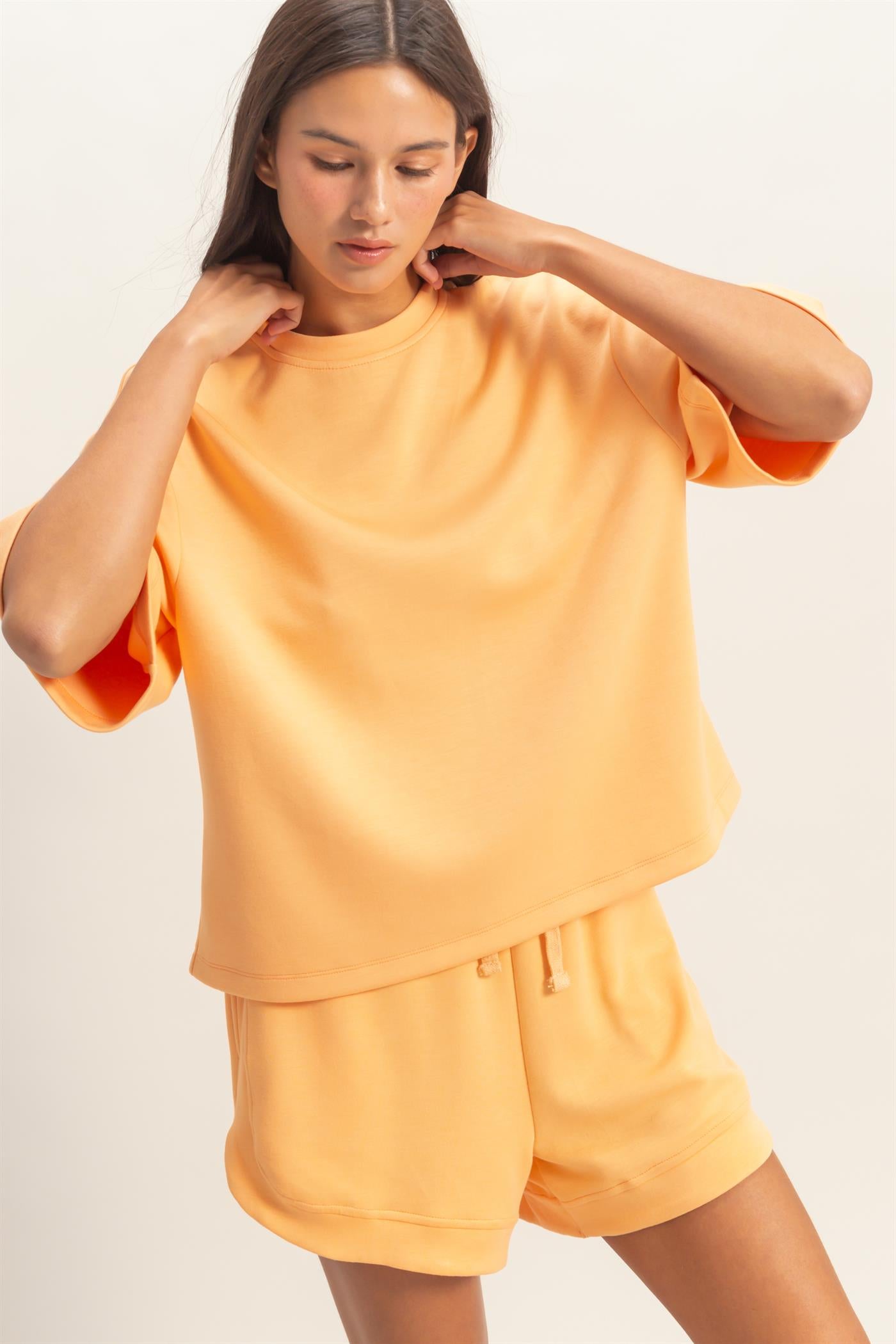 Wholesale Scuba Short Sleeve Boxy Top T-Shirts DZ26A271 APRICOT DOUBLE ZERO