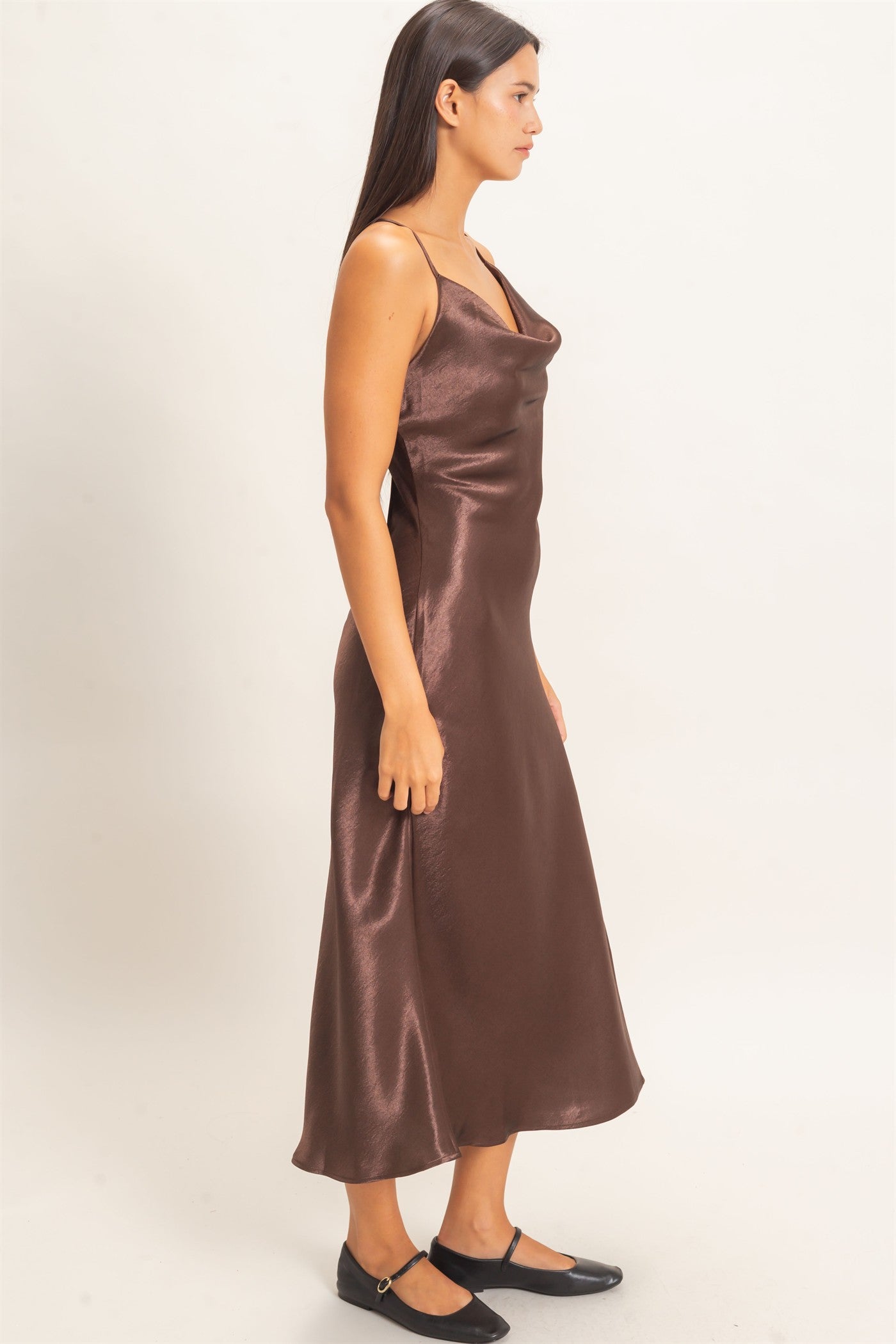 Wholesale Cowl Neck Satin Slip Dress Dresses DZ26E251 DARK BROWN DOUBLE ZERO