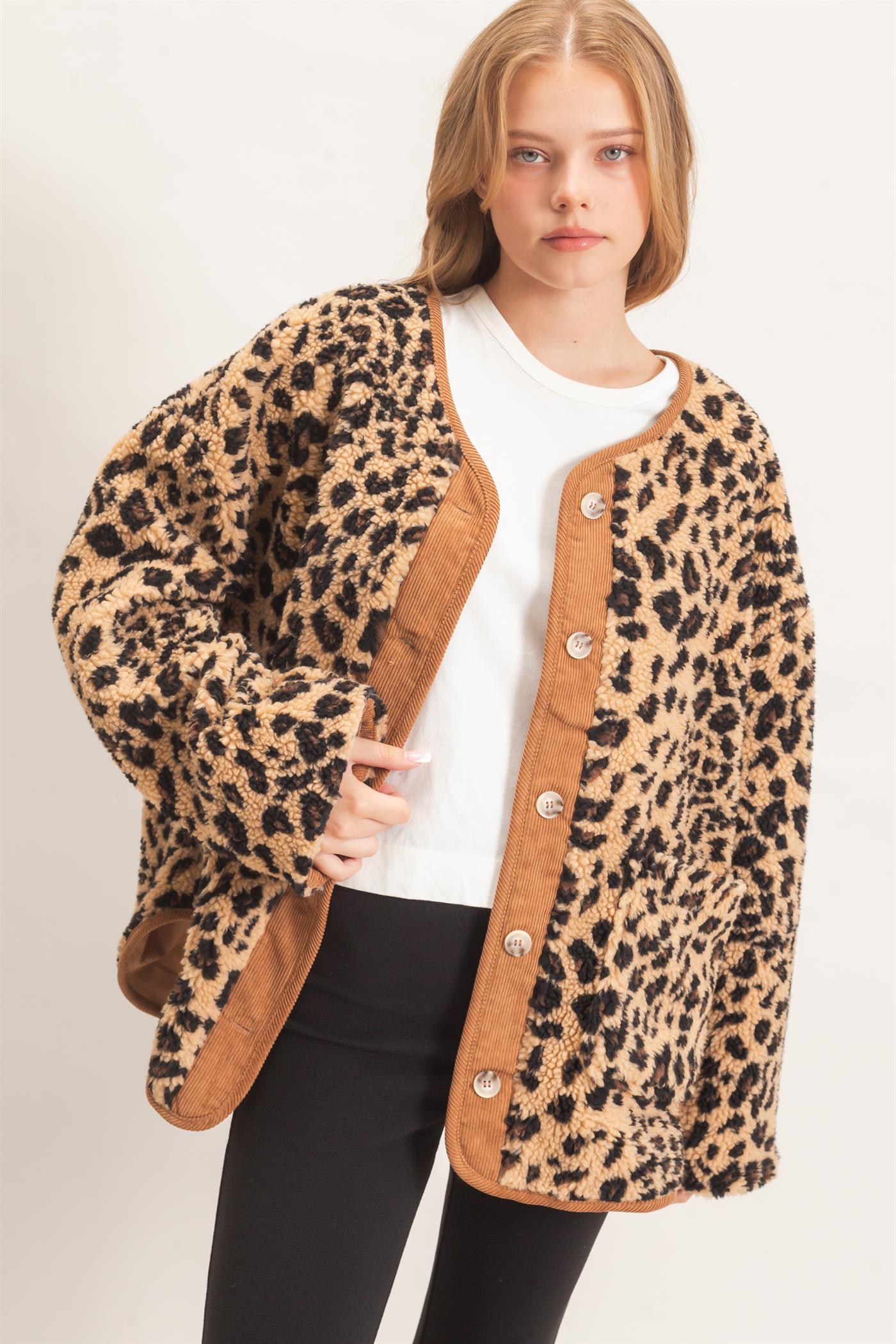 Wholesale Leopard Faux Fur Jacket With Contrast Trim Coats & Jackets HF26F162 TAUPE COMBO HYFVE