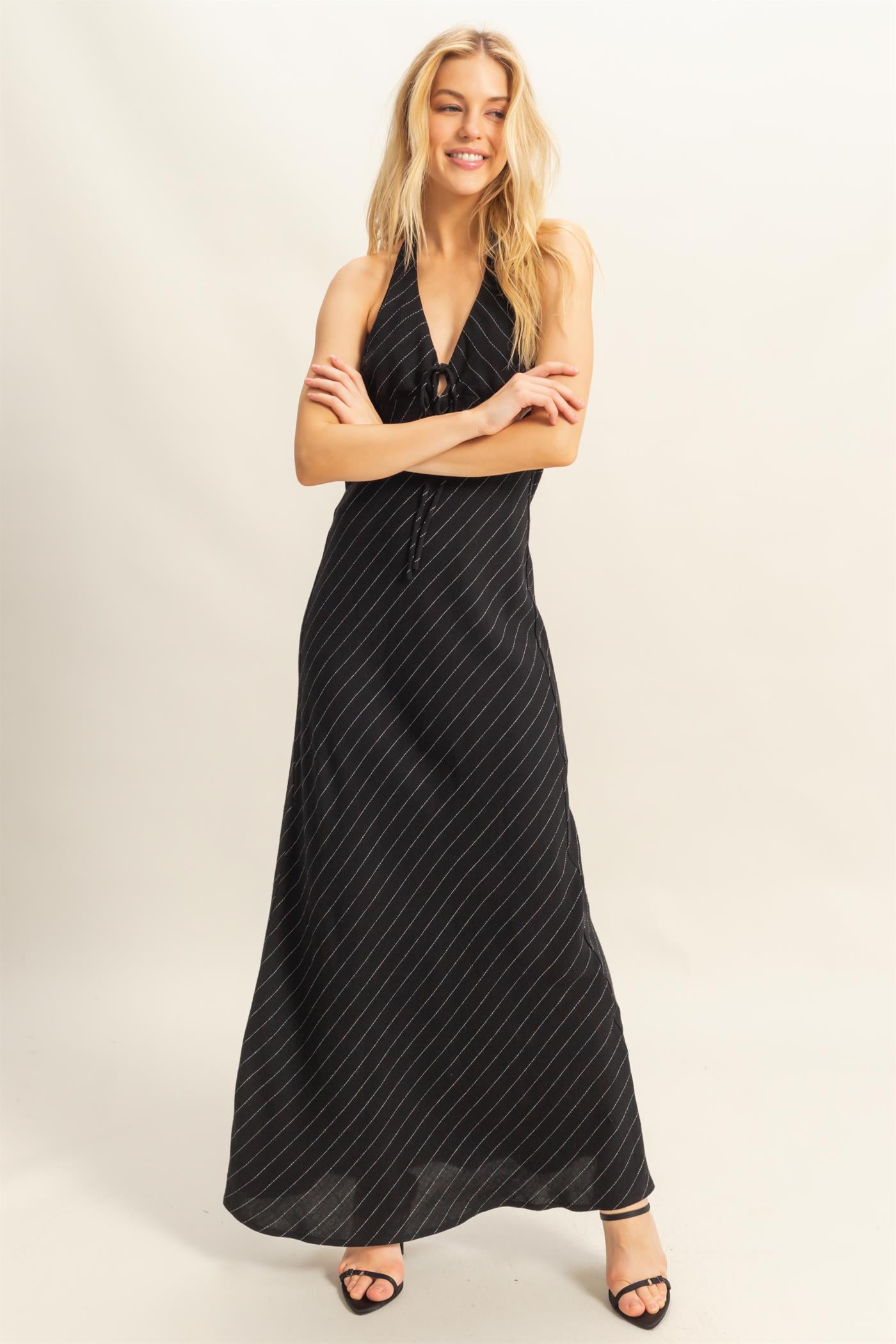 Wholesale Striped Halter Neck Linen Maxi Dress Dresses HF25C373 BLACK HYFVE