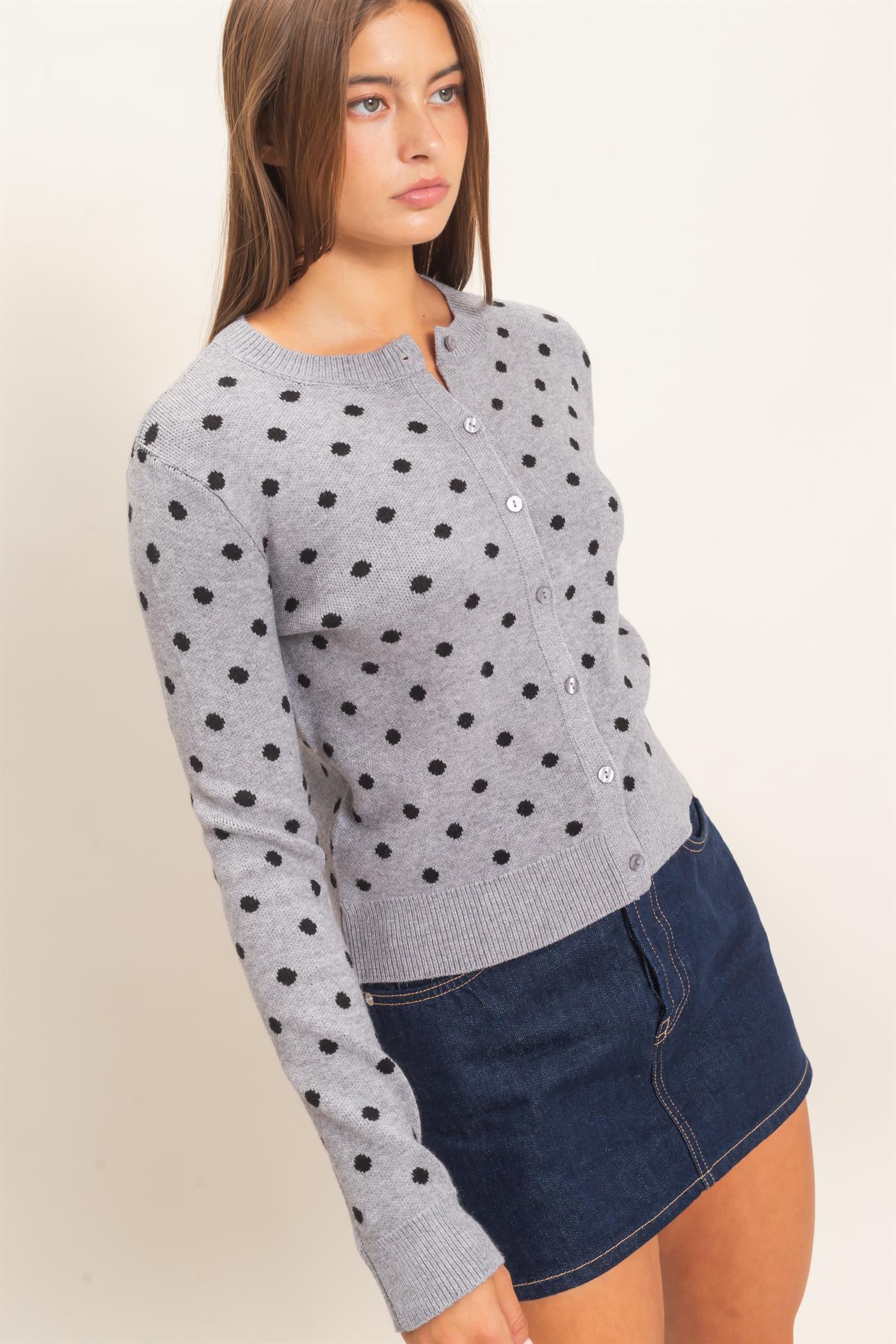 Wholesale Polka Dot Cardigan Sweaters DZ26E453 HEATHER GRAY DOUBLE ZERO