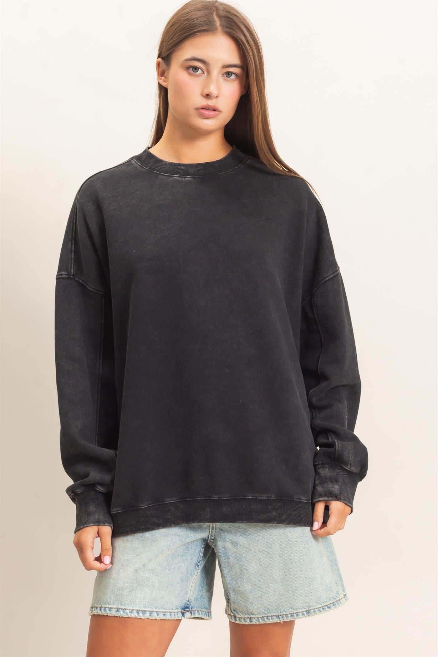 Wholesale Acid Wash Crew Neck Long Sleeve Sweatshirt Sweatshirts DZ26E268 BLACK DOUBLE ZERO