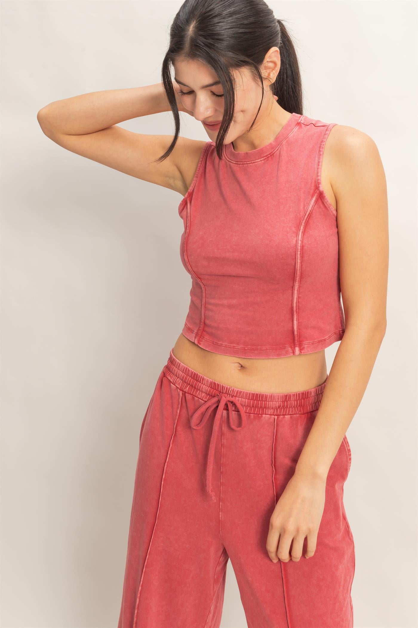 Wholesale Mineral Washed Sleeveless Top & Wide Leg Pants Set Clothing DZ26A371-SET DARK RED DOUBLE ZERO