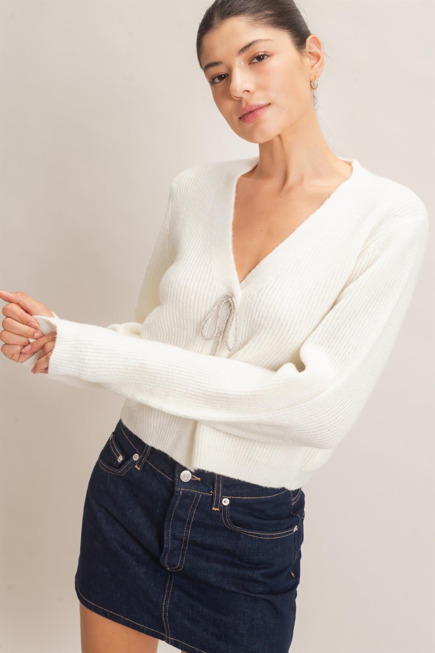 Wholesale Rhinestone Bow Tie-Front Sweater Cardigans HF26F183-D CREAM HYFVE