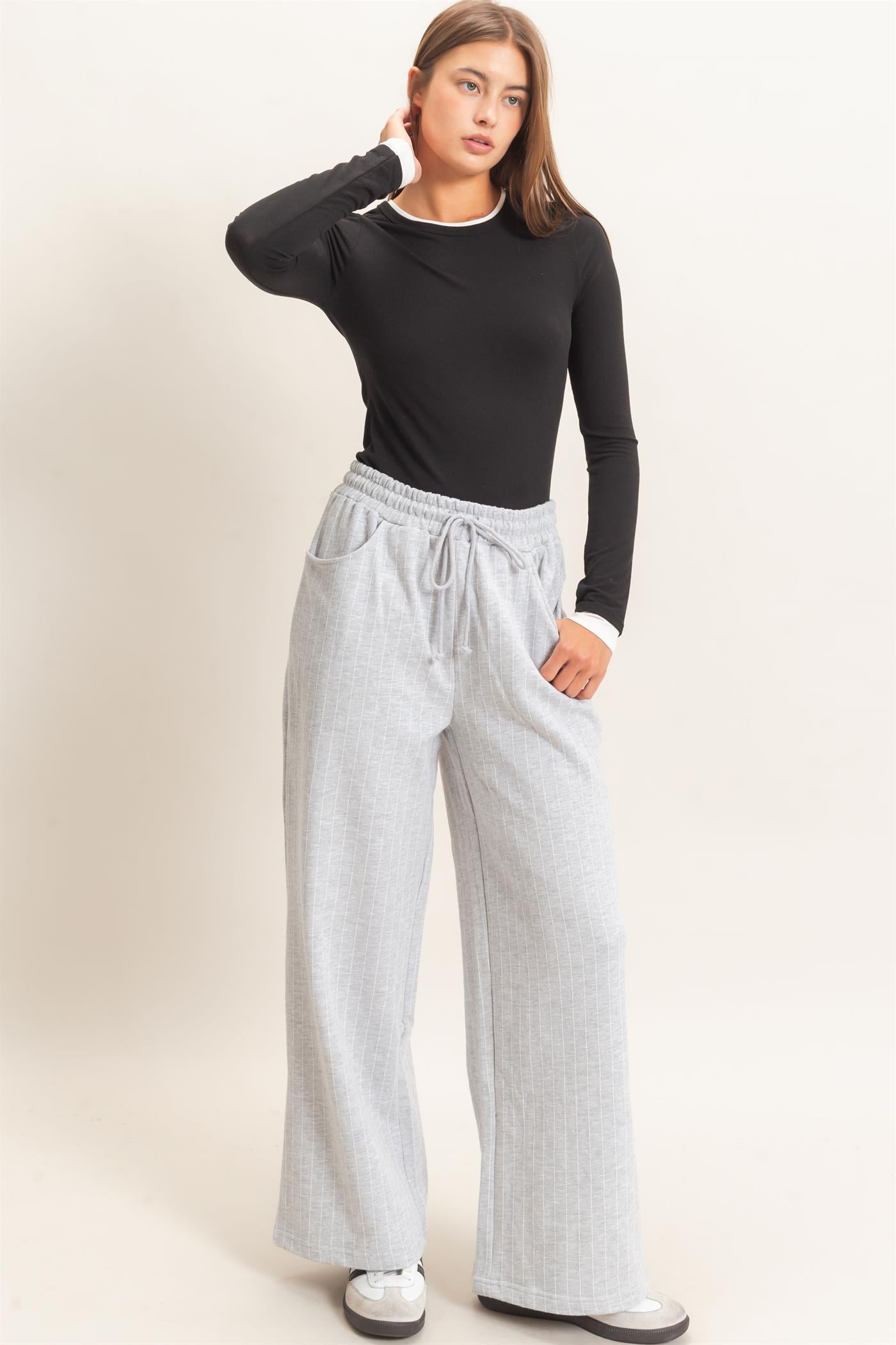 Wholesale Pinstripe Elastic Waist Sweatpants Pants DZ26A813 HEATHER GRAY DOUBLE ZERO