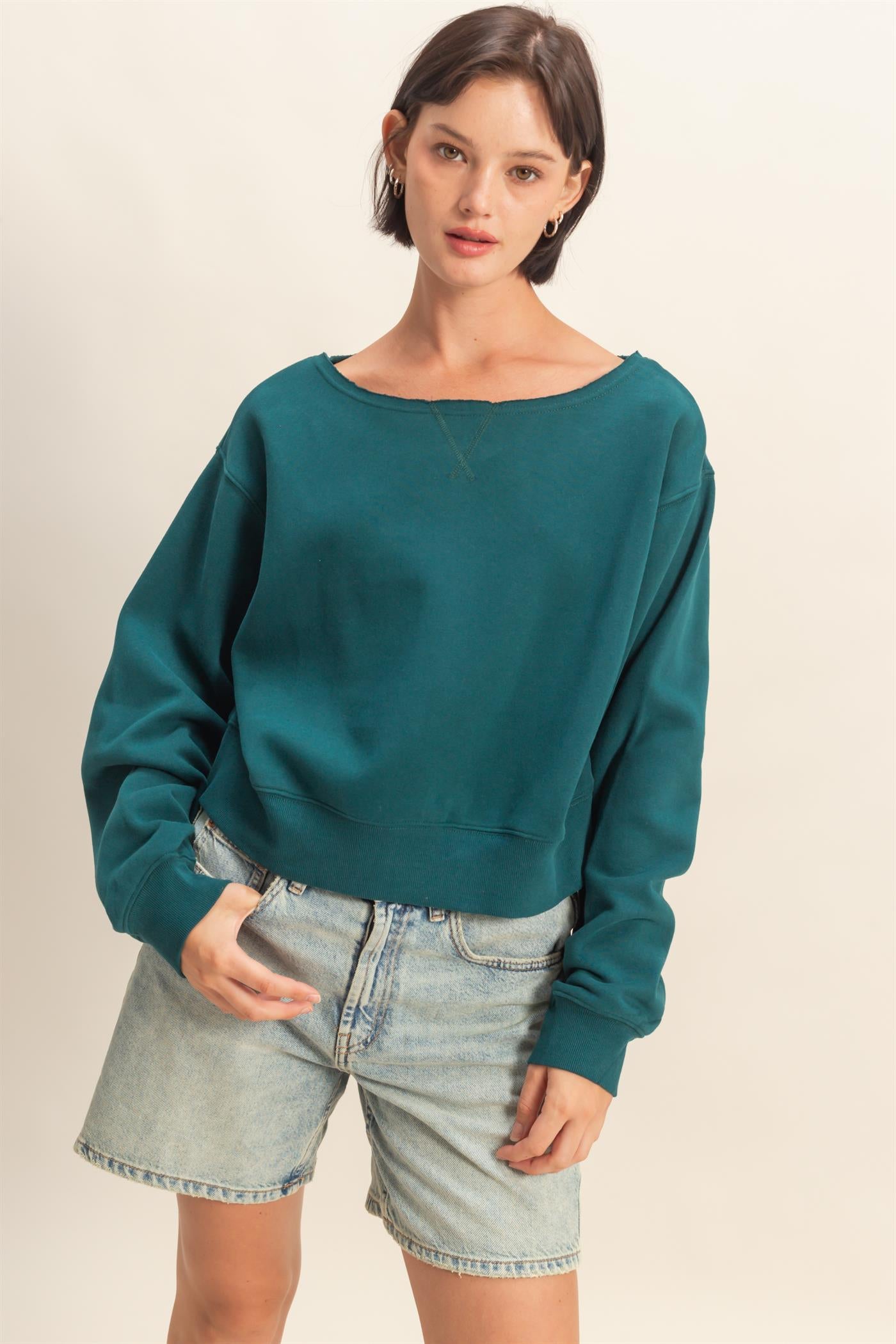 Wholesale Boatneck Long Sleeve Pullover Sweatshirt Sweatshirts DZ25E407 DEEP GREEN DOUBLE ZERO