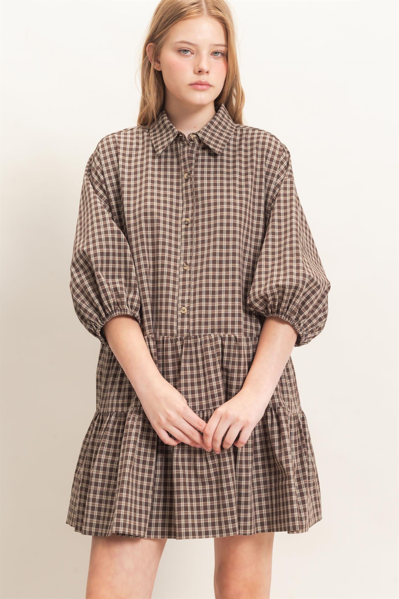 Wholesale Plaid Button-Down Tiered Dress Dresses HF26E795 BROWN HYFVE