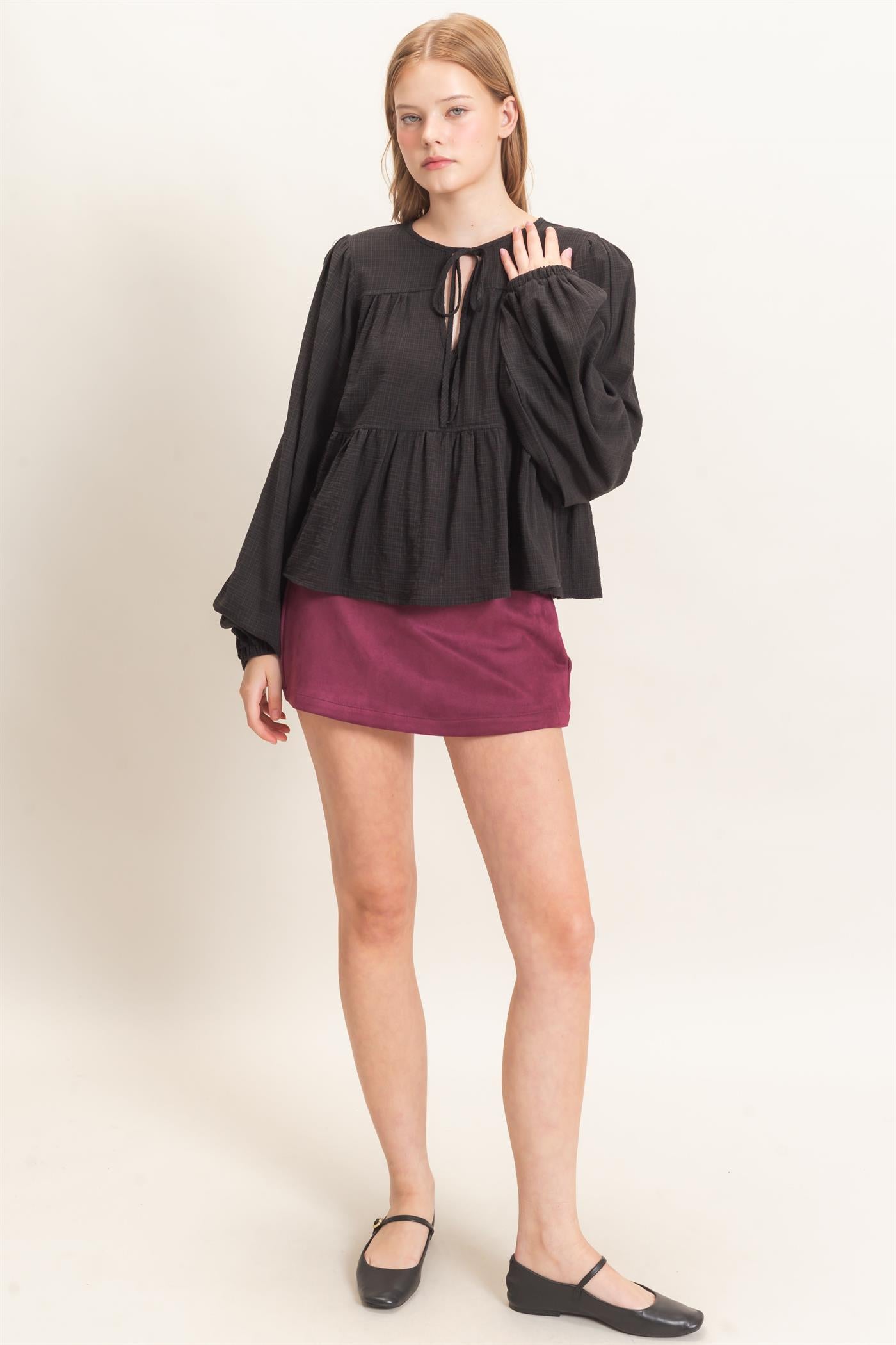 Wholesale Tie Front Peplum Blouse Blouses HF26F065 BLACK HYFVE