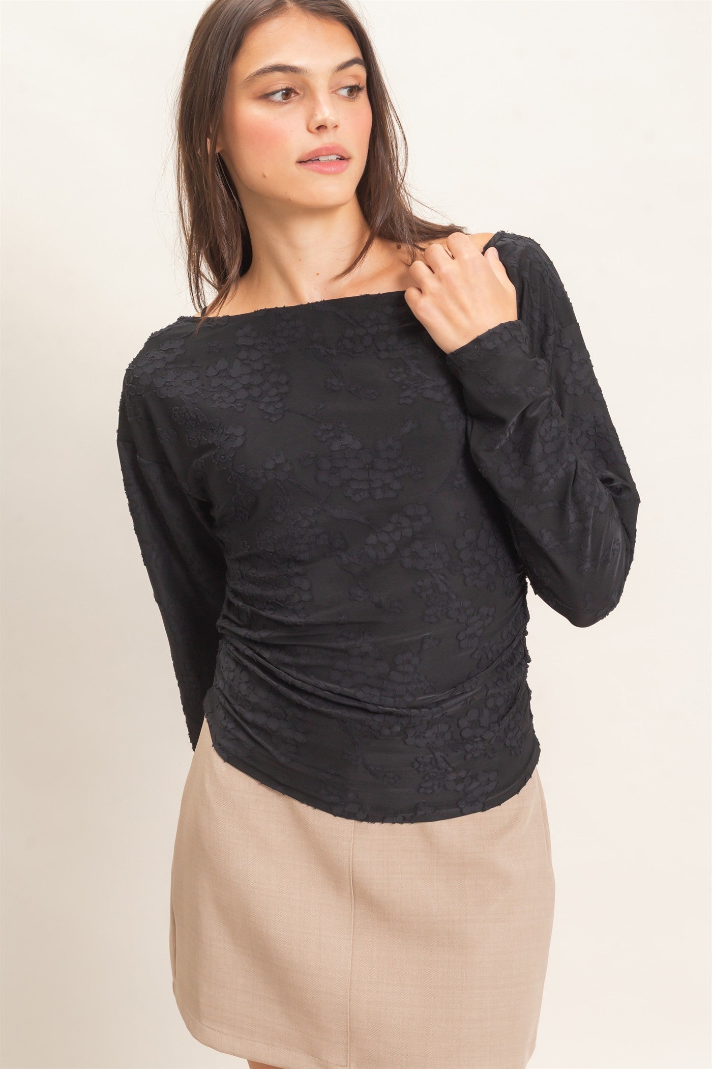 Wholesale Sheer Lace Boat Neck Top Blouses HF26E761 BLACK HYFVE