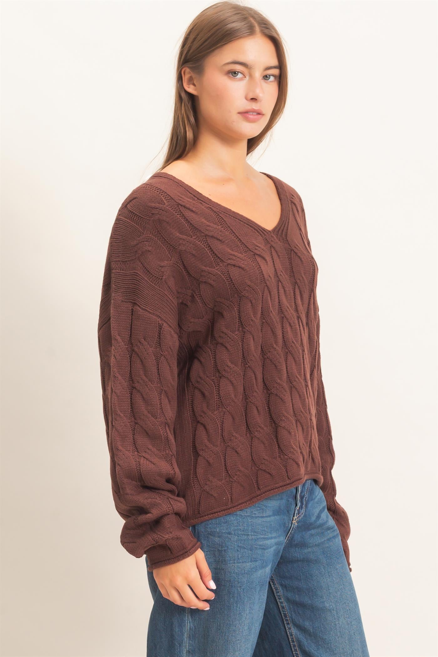 Wholesale Cable Knit V-Neck Sweater Sweaters DZ26E087 DARK BROWN DOUBLE ZERO