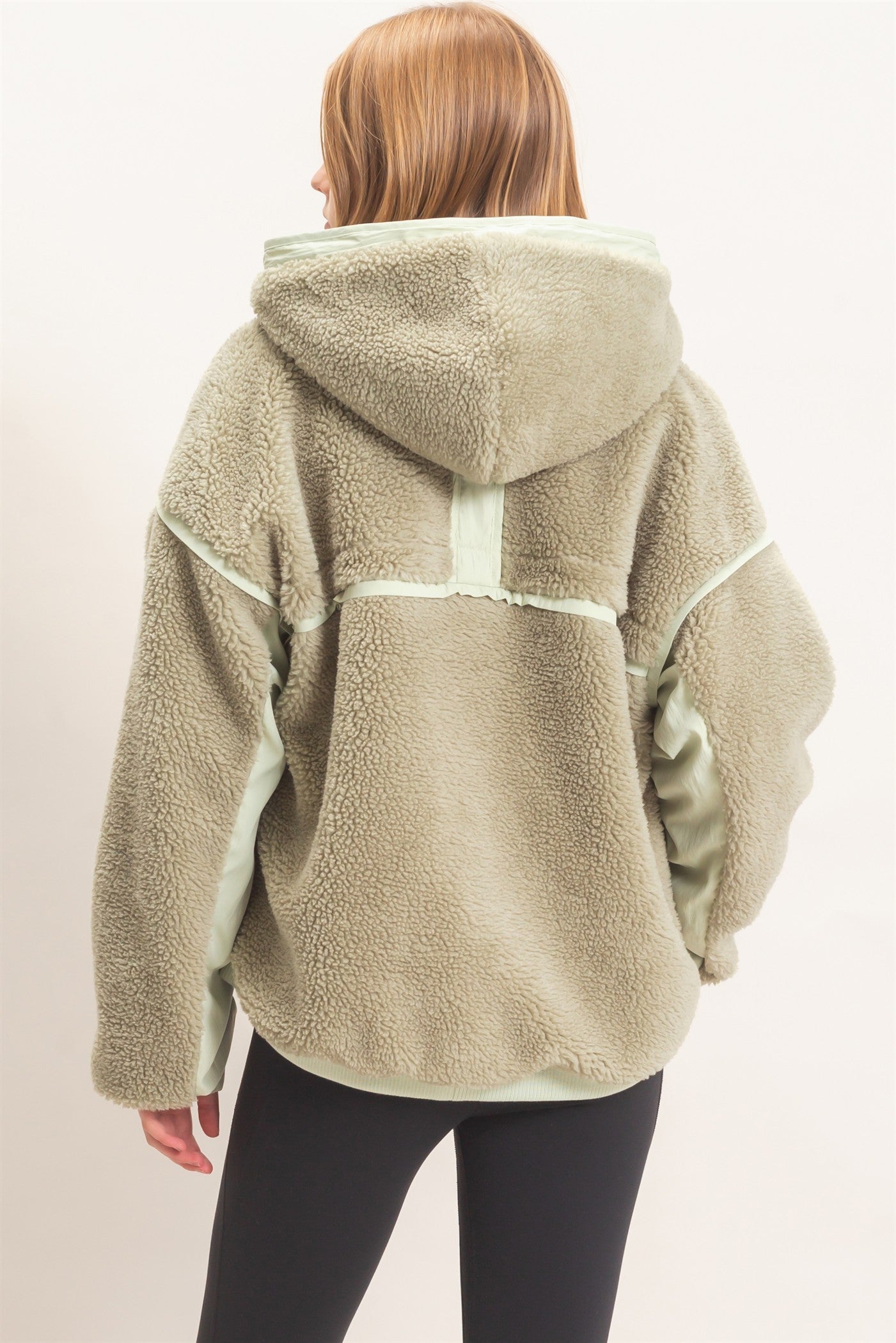 Wholesale Contrast Panel Sherpa Hooded Jacket Hoodies HF26E989 SAGE GREEN HYFVE