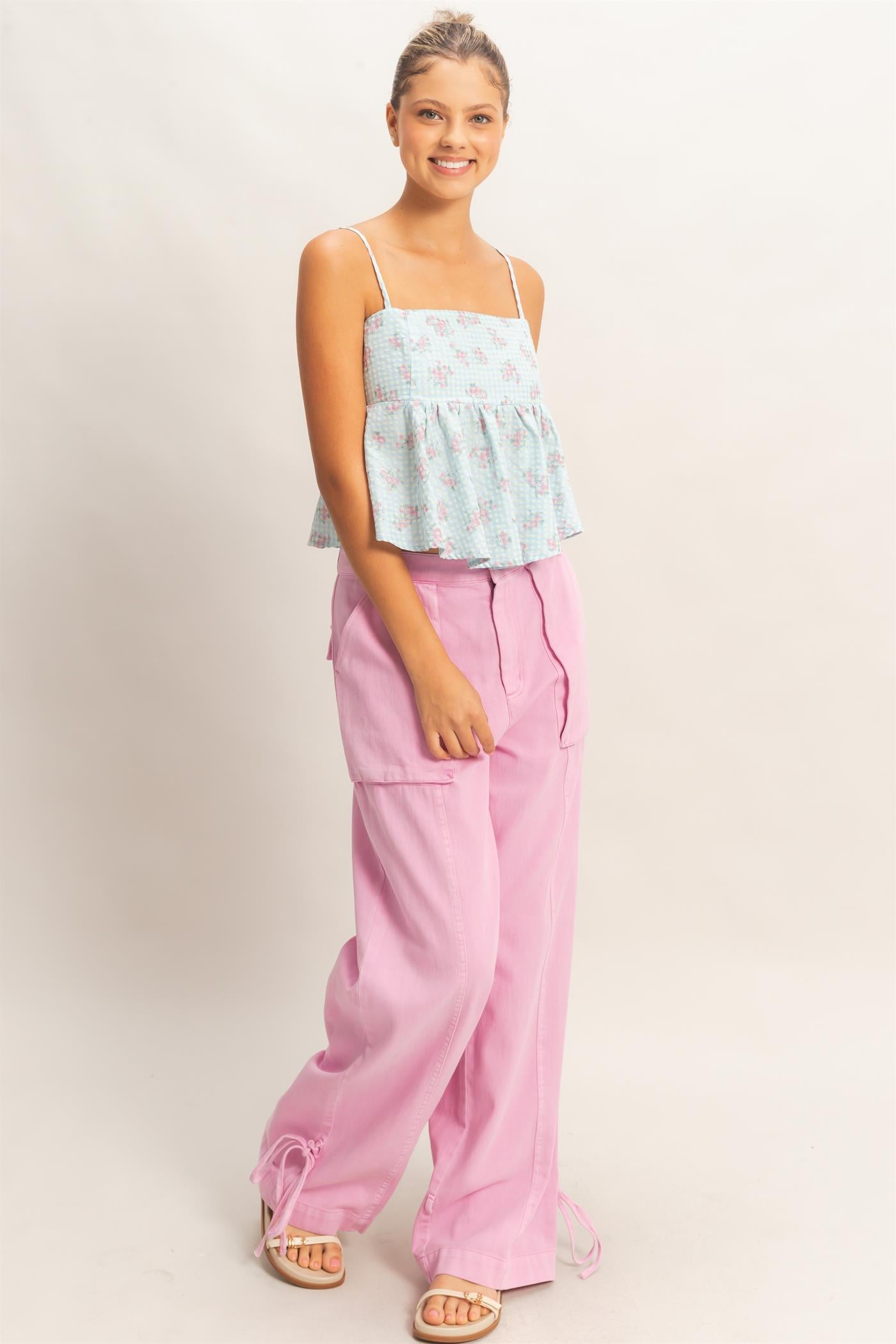 Wholesale High Rise Cargo Pants With Ankle Ties Pants DZ24C156 PINK DOUBLE ZERO