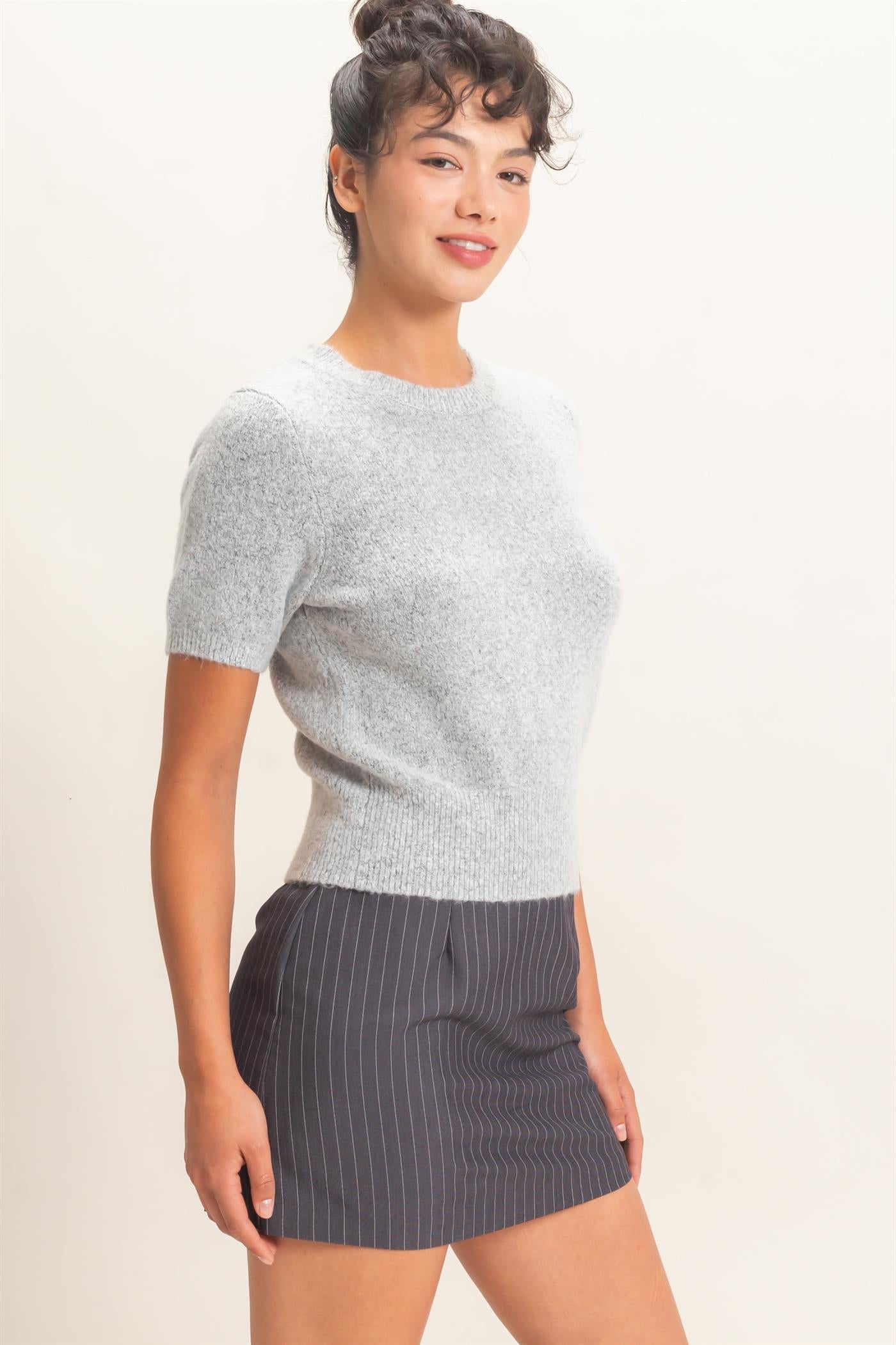 Wholesale Crew Neck Short Sleeve Knit Top Clothing Tops DZ26E944 HEATHER GRAY DOUBLE ZERO