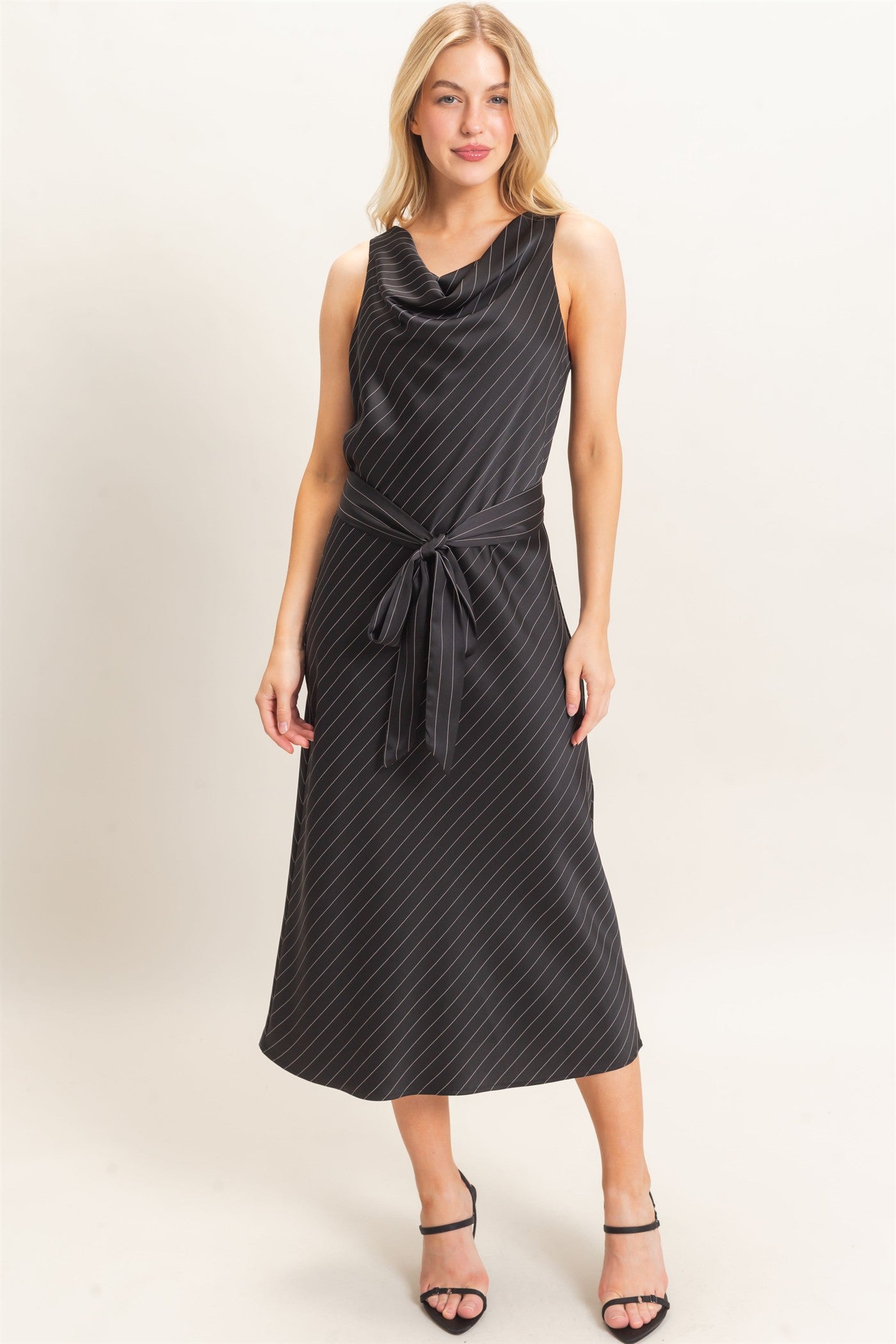 Wholesale Cowl Neck Sleeveless Belted Dress Dresses HF25E739 BLACK HYFVE
