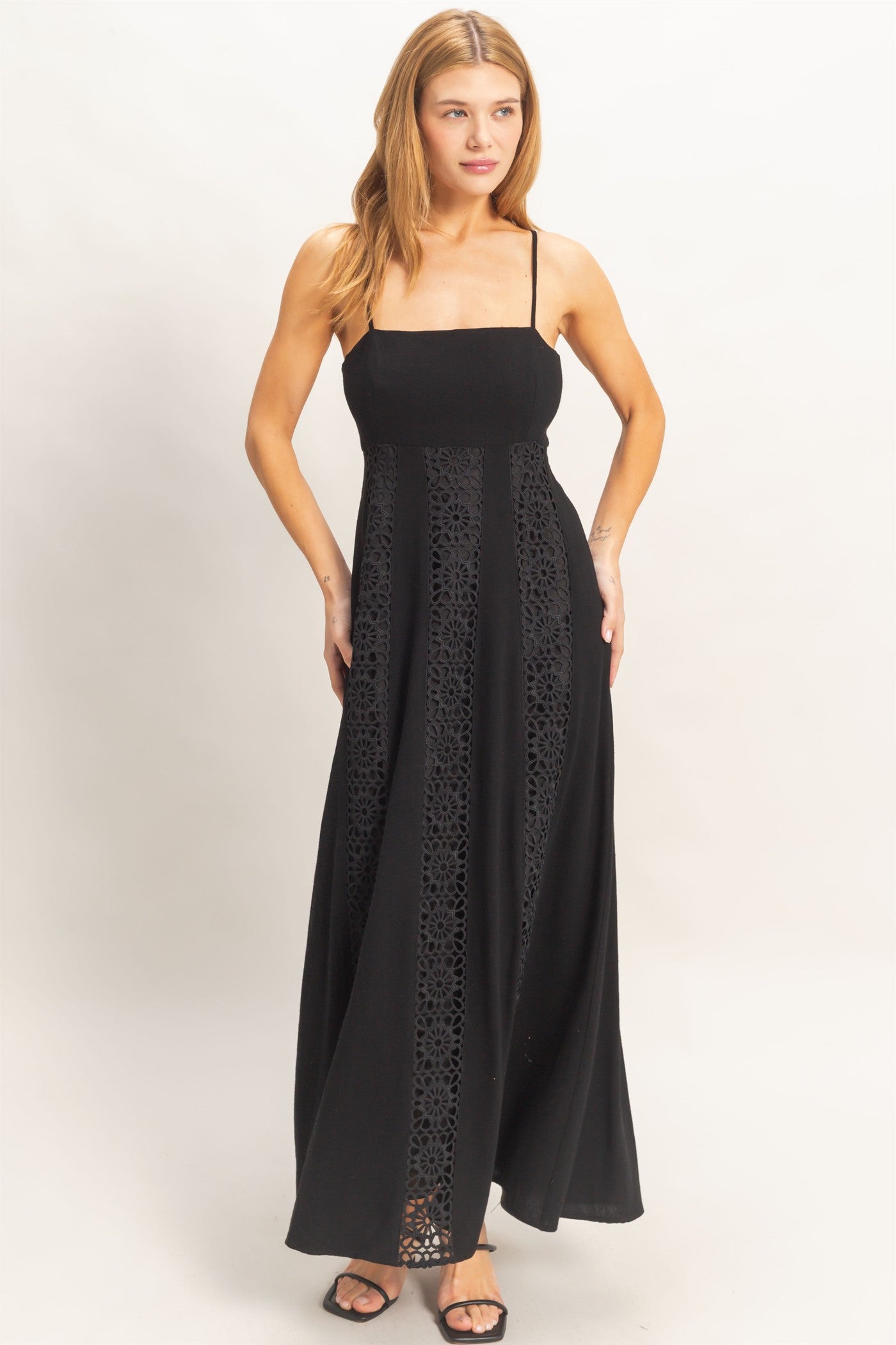 Wholesale Woven Lace Trim Maxi Dress Dresses HF26A498 BLACK HYFVE