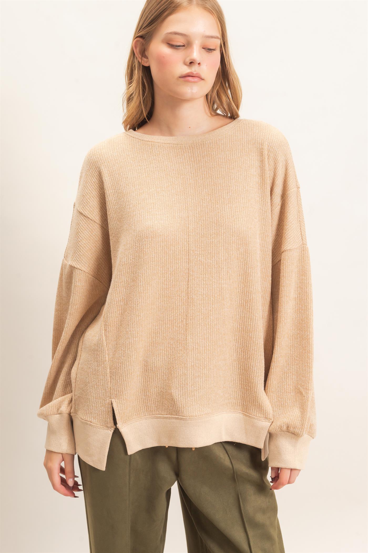 Wholesale Ribbed Boat Neck Knit Top Clothing Tops HF26E852 CAMEL HYFVE