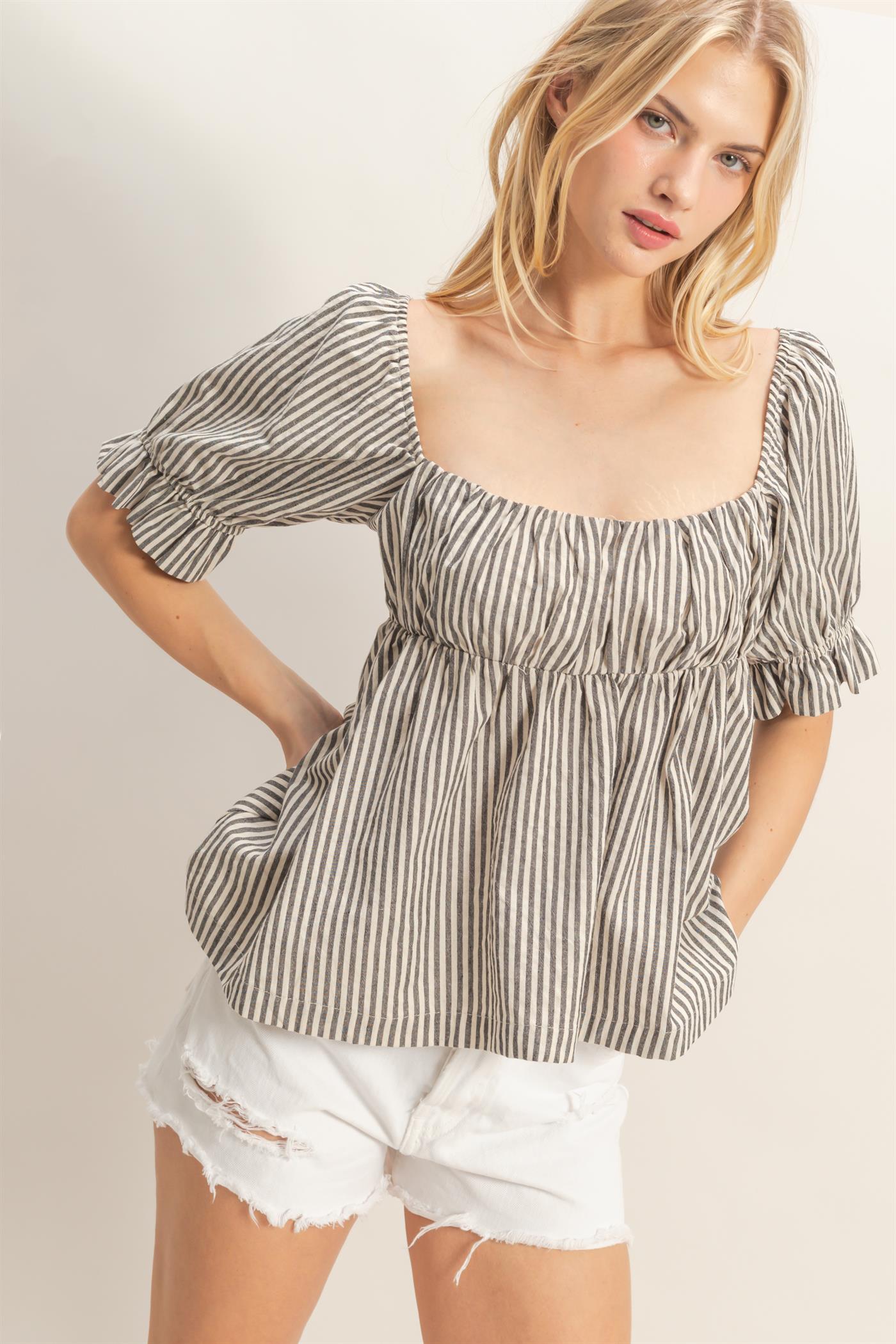 Wholesale Striped Square Neck Peplum Top Clothing Tops HF26E386 BLACK HYFVE