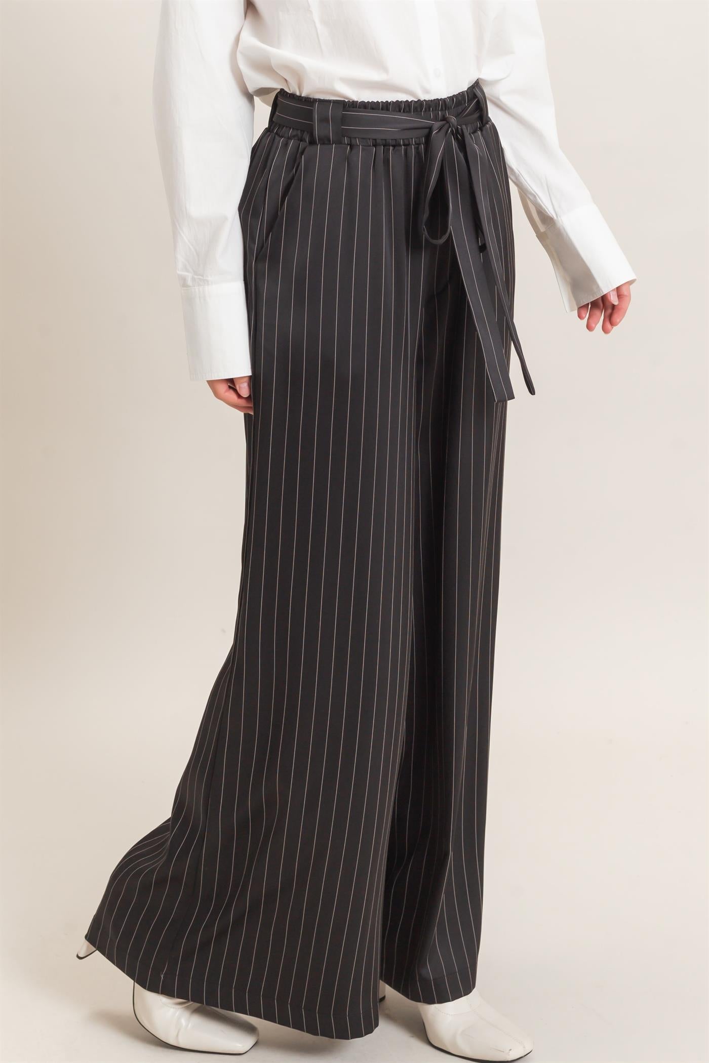 Wholesale Pinstripe Wide-Leg Pants Pants HF25F030 BLACK HYFVE