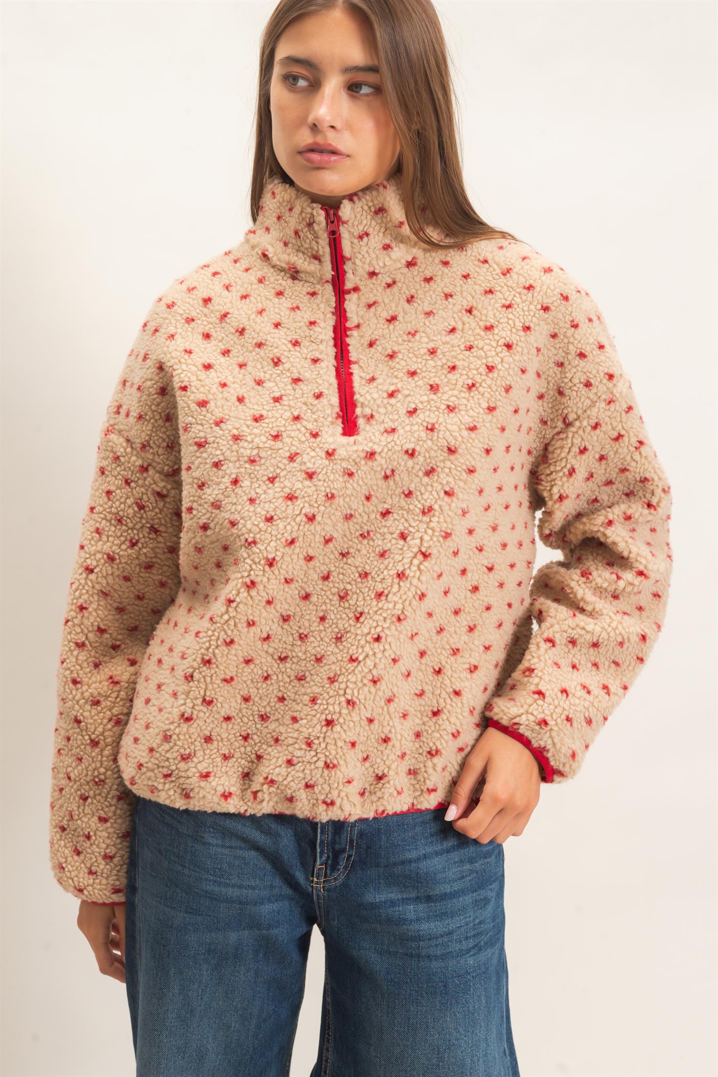 Wholesale Polka Dot Sherpa Half-Zip Pullover Coats & Jackets DZ26F161 RED DOUBLE ZERO