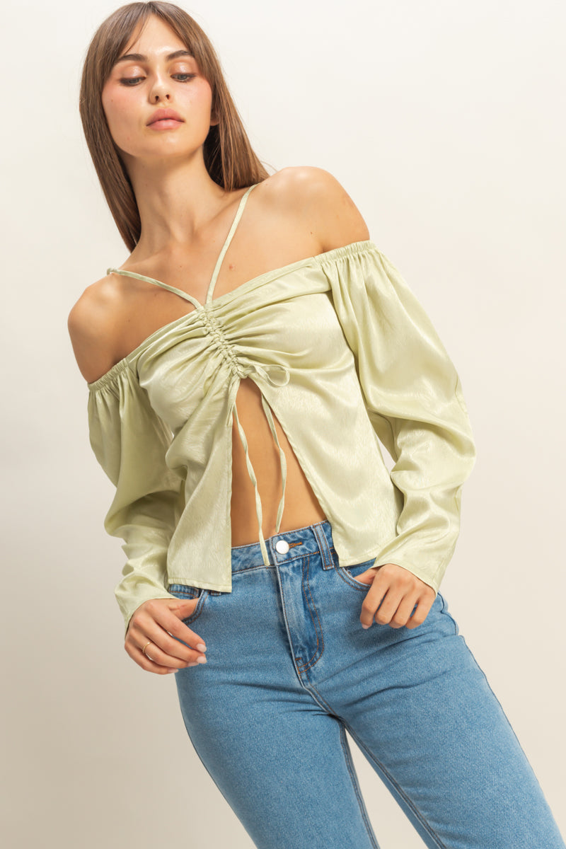 Wholesale Tie-Front Off-Shoulder Blouse Clothing Tops FS22E859 SAGE HYFVE
