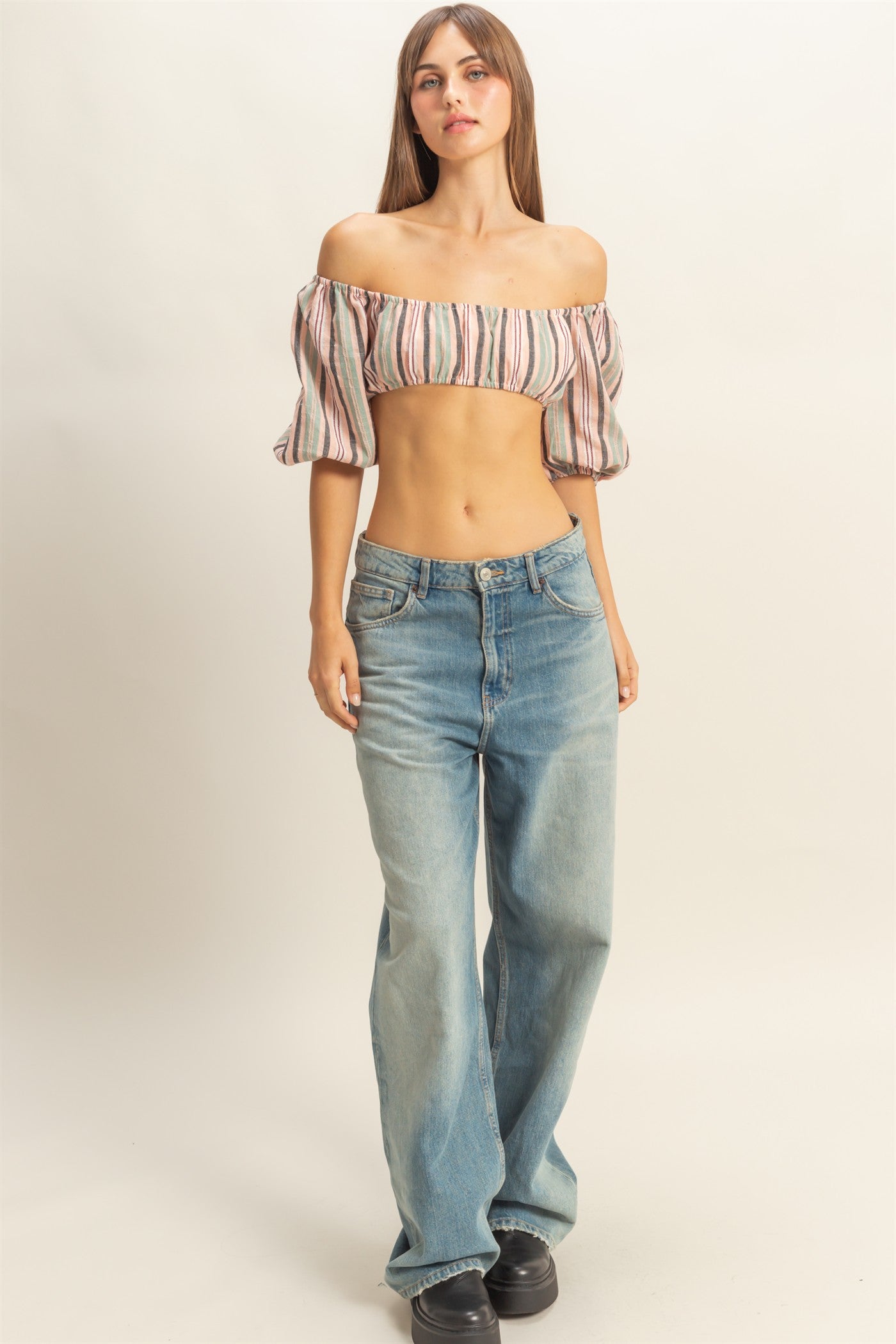 Wholesale Striped Off-Shoulder Crop Top Clothing Tops HF22C614 PINK HYFVE