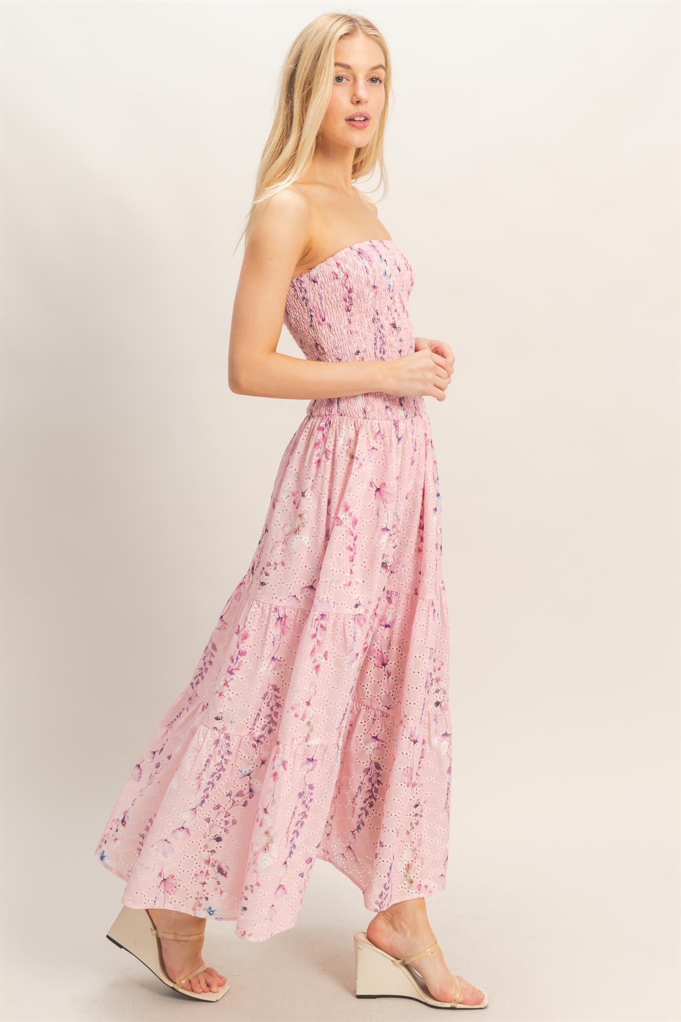 Wholesale Strapless Smocked Floral Dress Dresses HF25E642-D PINK HYFVE