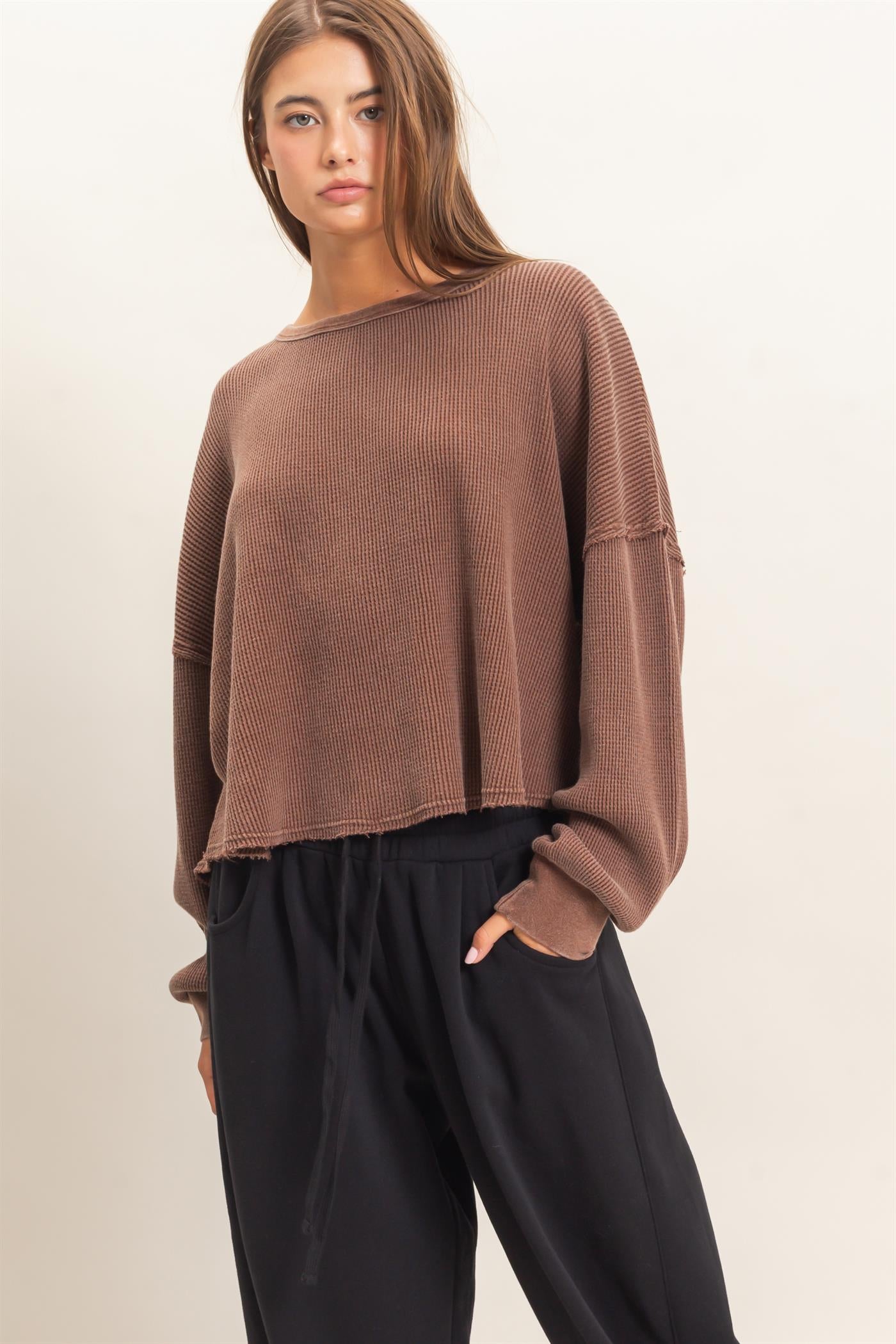 Wholesale Mineral Wash Waffle Oversized Top Clothing Tops DZ26E248 DARK BROWN DOUBLE ZERO