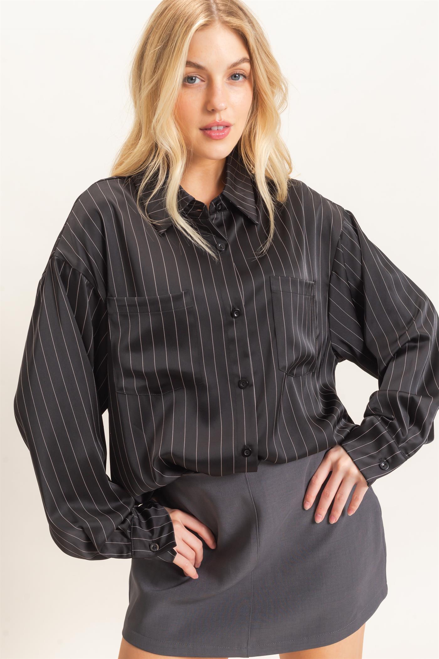 Wholesale Striped Button-Up Blouse Blouses HF26C953 BLACK HYFVE