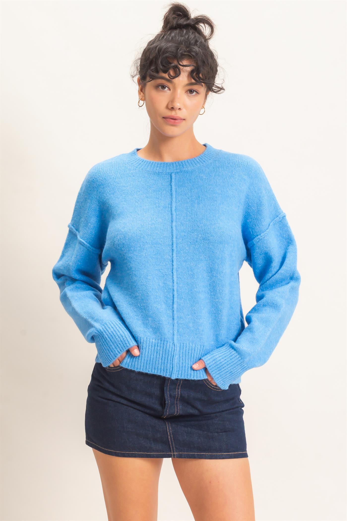 Wholesale Crew Neck Seam Detail Sweater Sweaters DZ26E240 BLUE DOUBLE ZERO