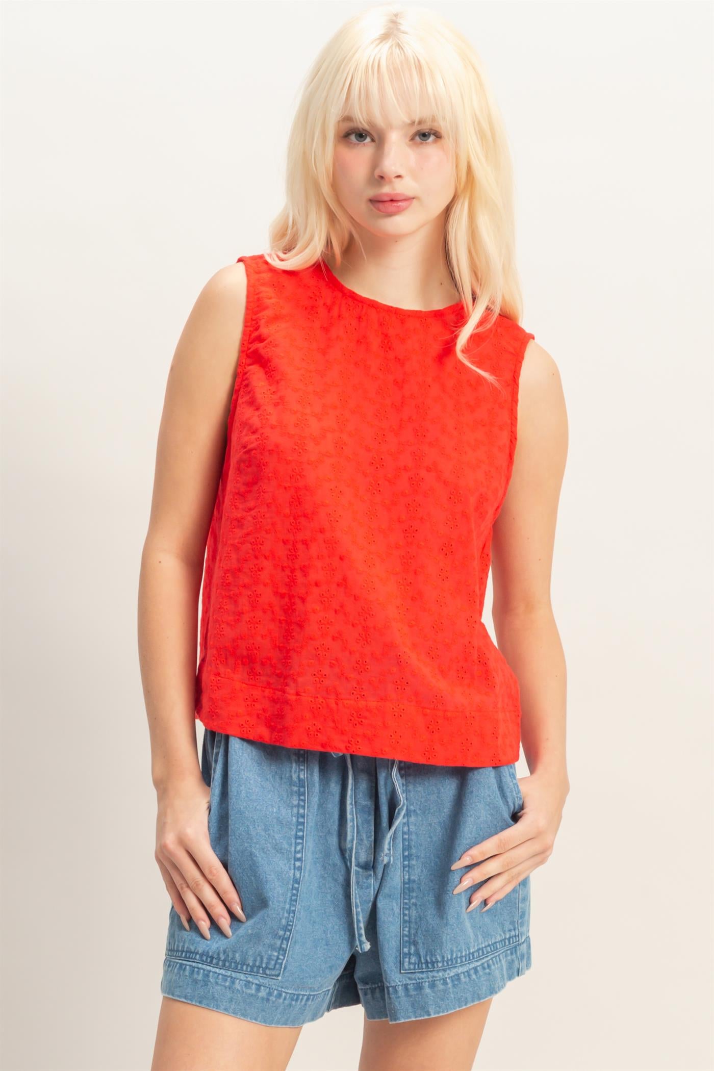 Wholesale Eyelet Sleeveless Top With Back Buttons Clothing Tops DZ26C541 RED DOUBLE ZERO