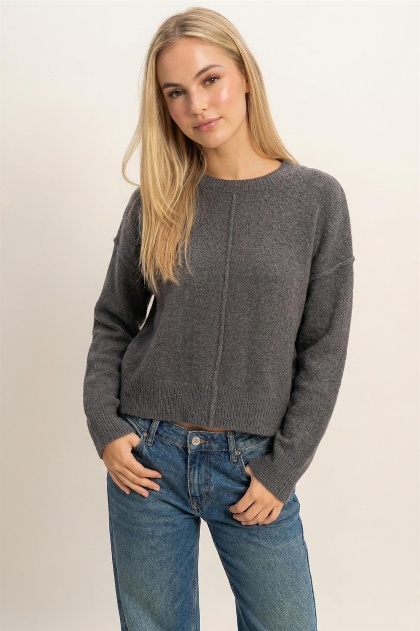 Wholesale Crew Neck Seam Detail Sweater Sweaters DZ26E240 CHARCOAL DOUBLE ZERO