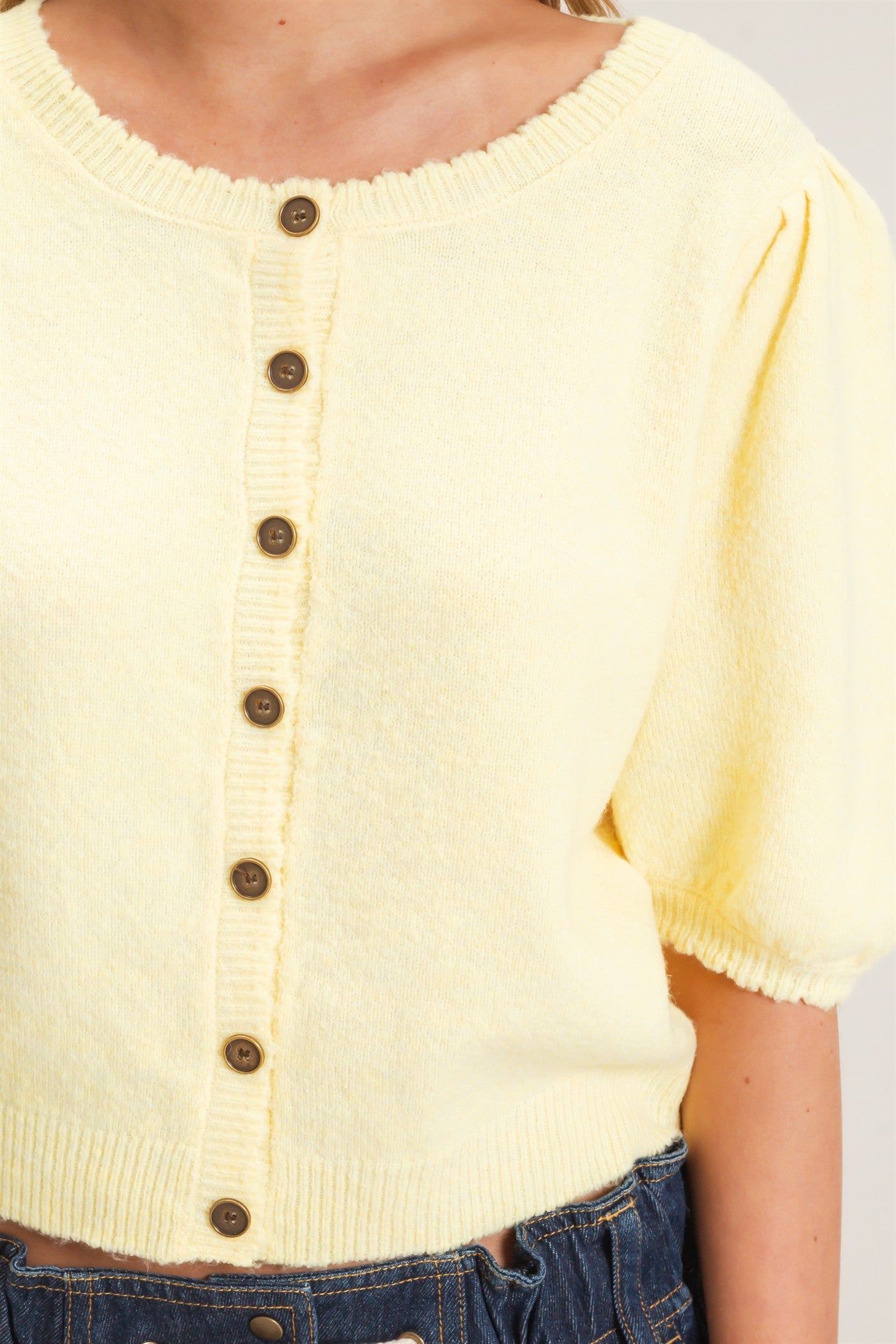 Wholesale Button-Up Puff Sleeve Sweater Cardigan Cardigans HF26E165 PALE YELLOW HYFVE