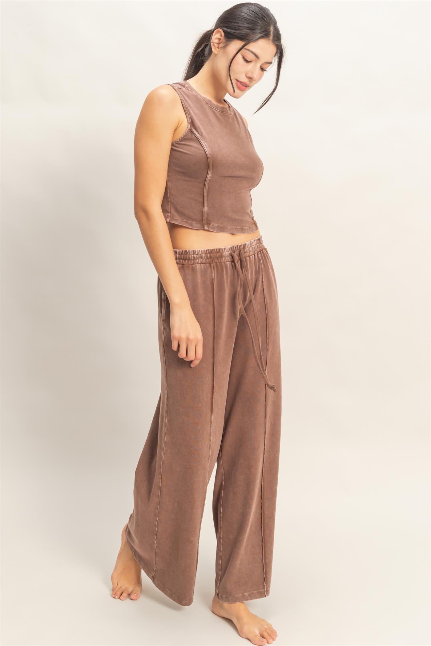 Wholesale Mineral Washed Sleeveless Top & Wide Leg Pants Set Clothing DZ26A371-SET CHOCOLATE DOUBLE ZERO