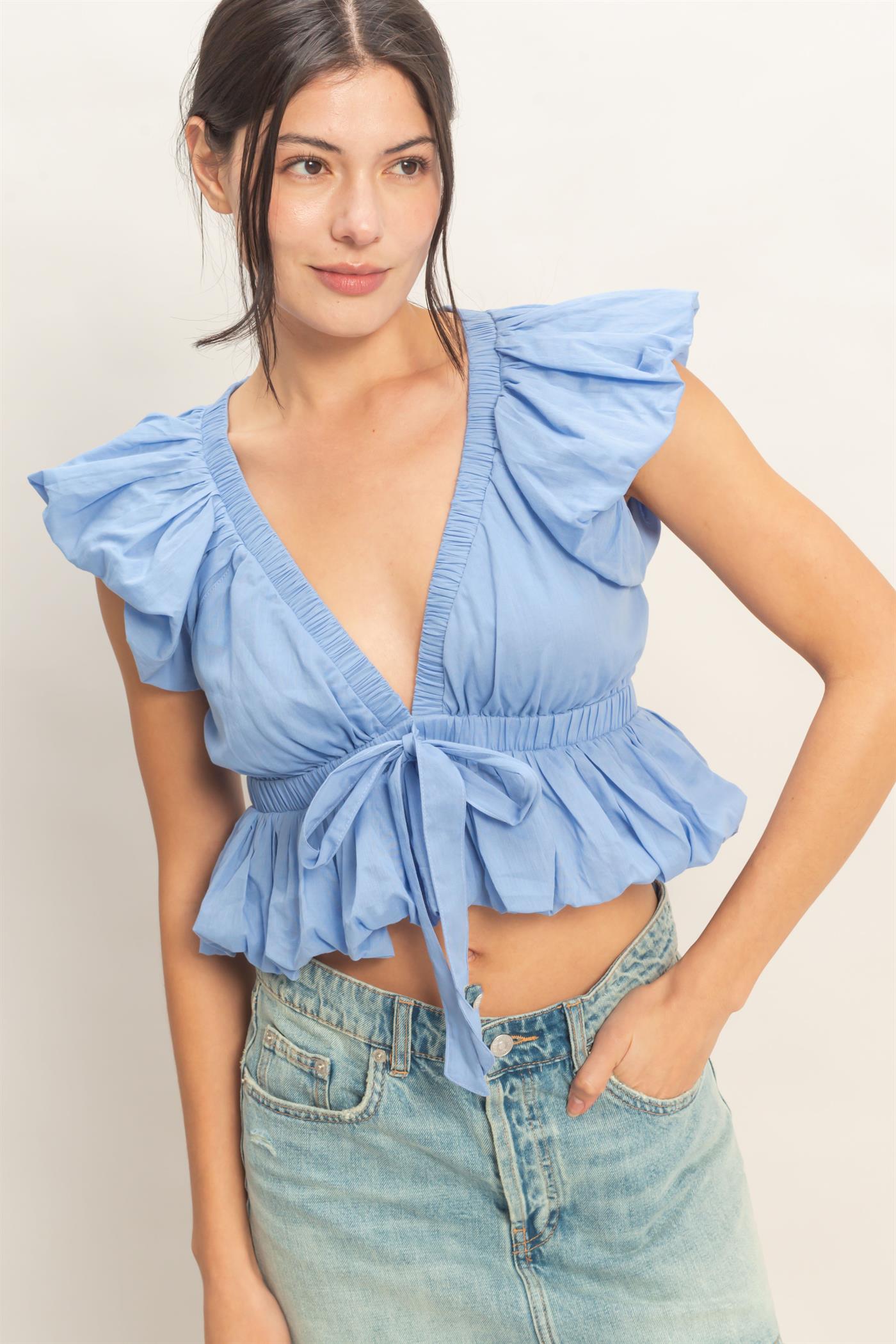Wholesale Ruched V-Neck Puff Sleeve Top Clothing Tops HF26A122 INDIGO HYFVE