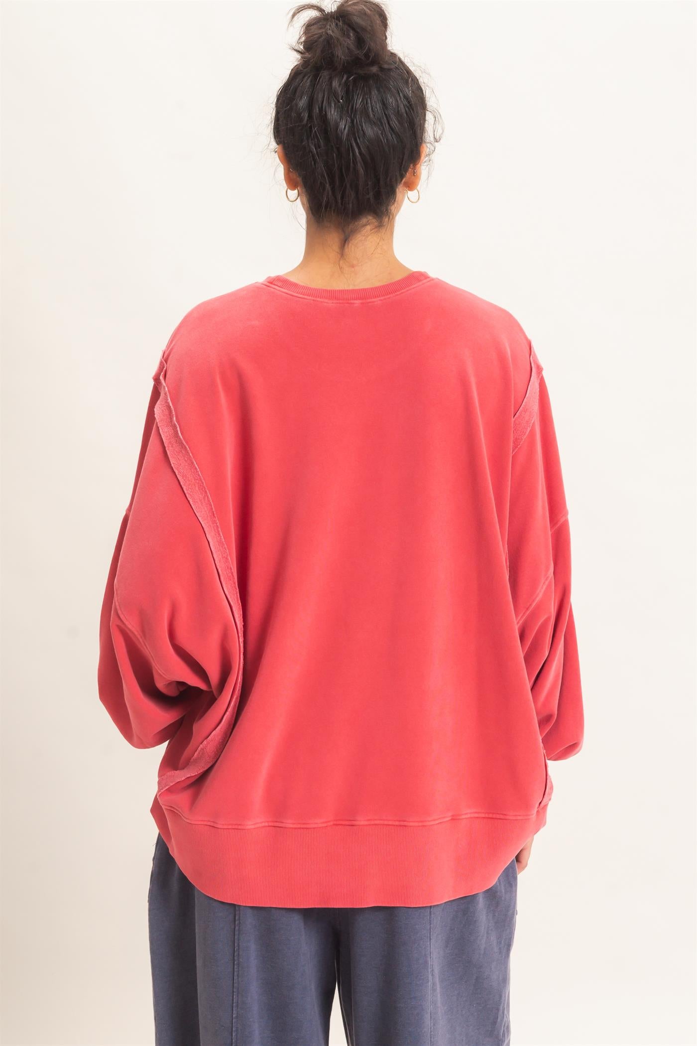 Wholesale Pigment  Dye Oversized Raw Edge Sweatshirt Sweatshirts DZ26C737 DARK RED DOUBLE ZERO
