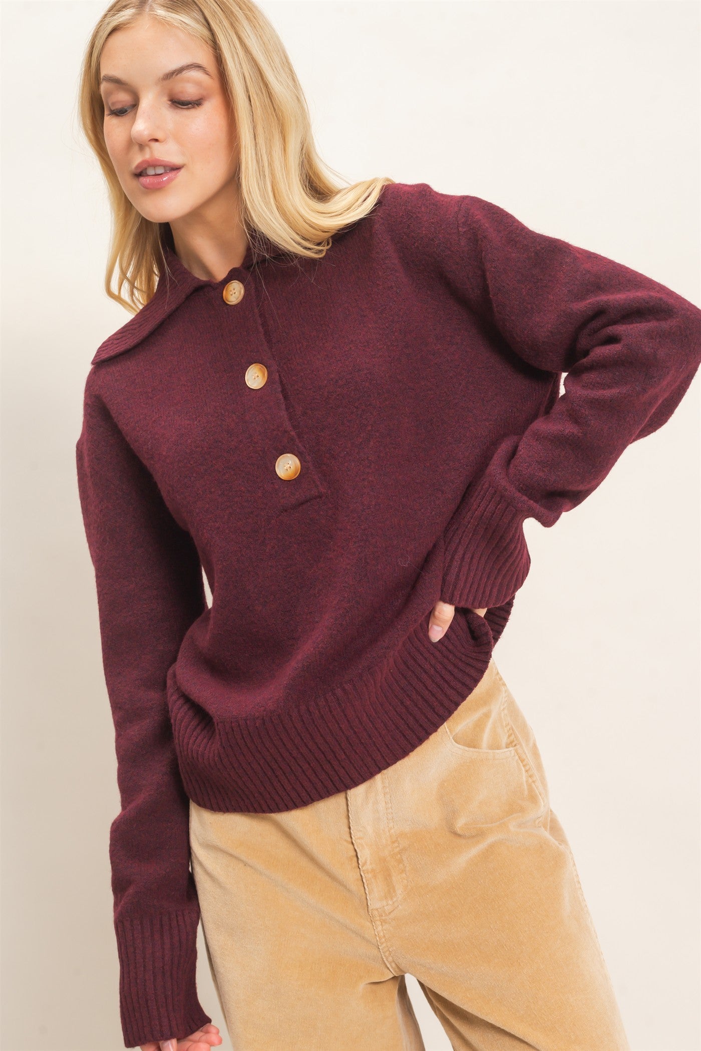 Wholesale Button-Up Collared Sweater Sweaters HF26E752 BURGUNDY HYFVE