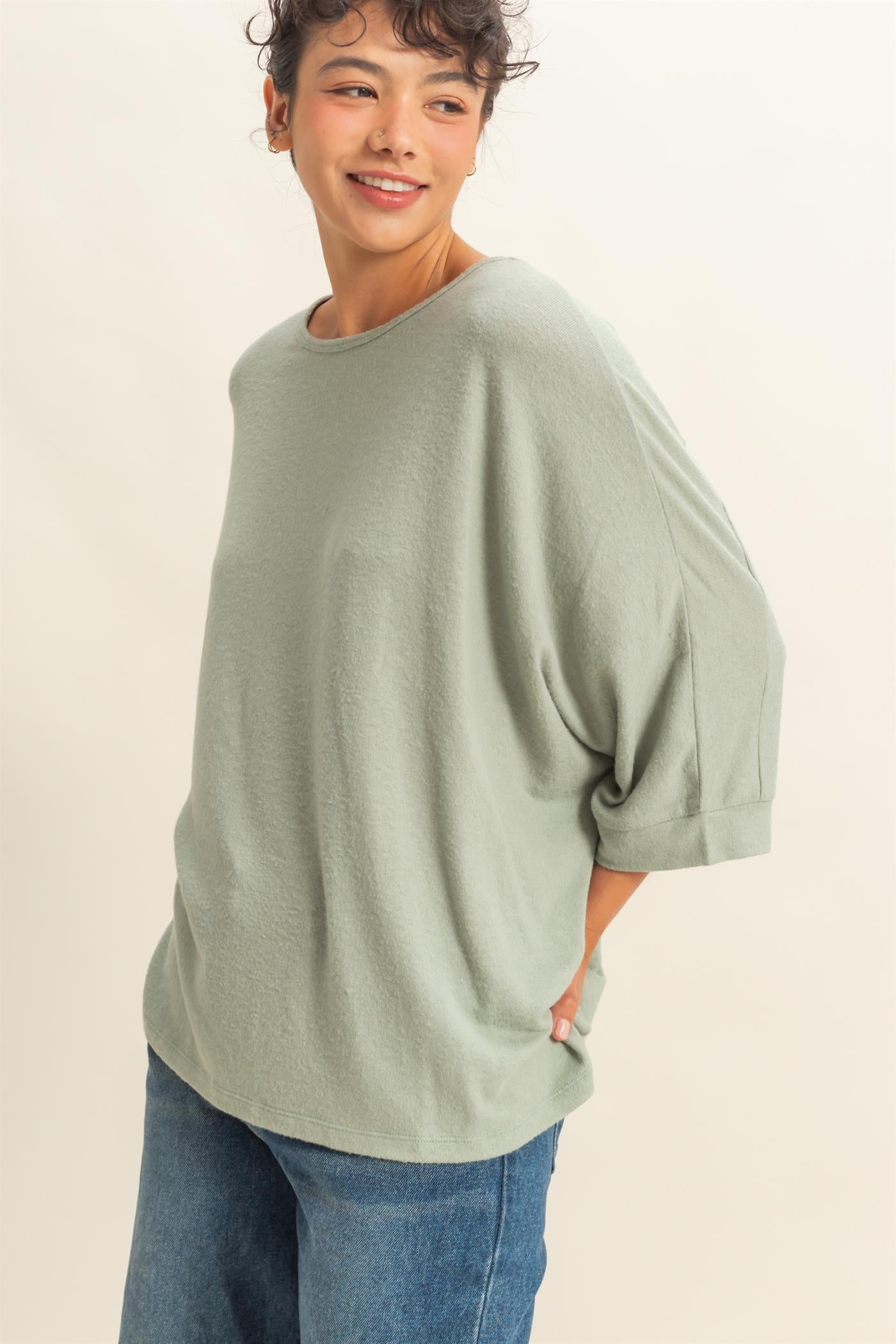 Wholesale Batwing 3/4 Sleeve Oversized Top Clothing Tops DZ25E133 SAGE GREEN DOUBLE ZERO