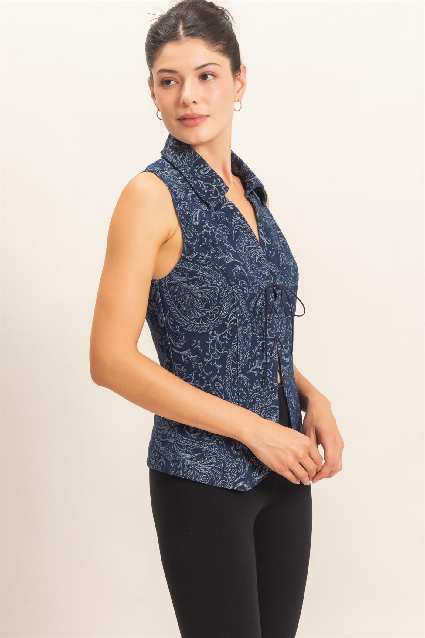 Wholesale Paisley Lace-Up Vest Clothing Tops HF26E171 NAVY HYFVE