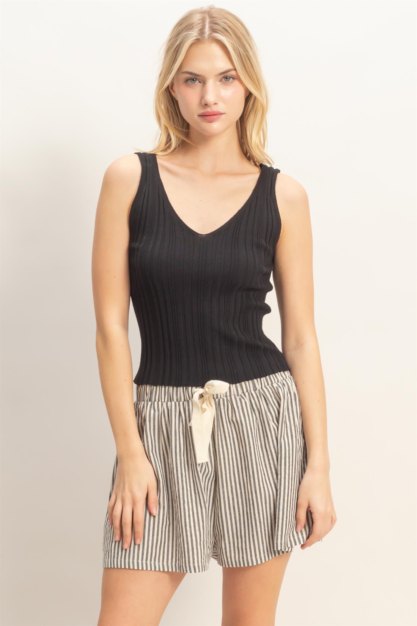 Wholesale Ribbed V-Neck Tank Top Sweaters HF26C331 BLACK HYFVE
