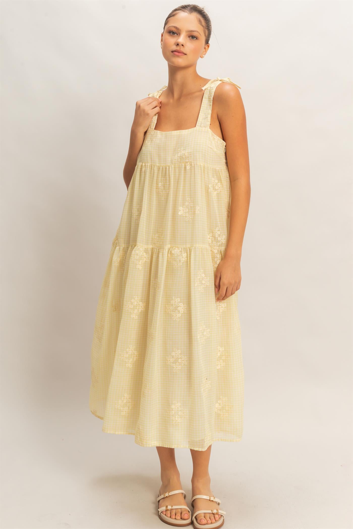 Wholesale Tiered Gingham Dress With Embroidery Dresses HF26A695 YELLOW HYFVE