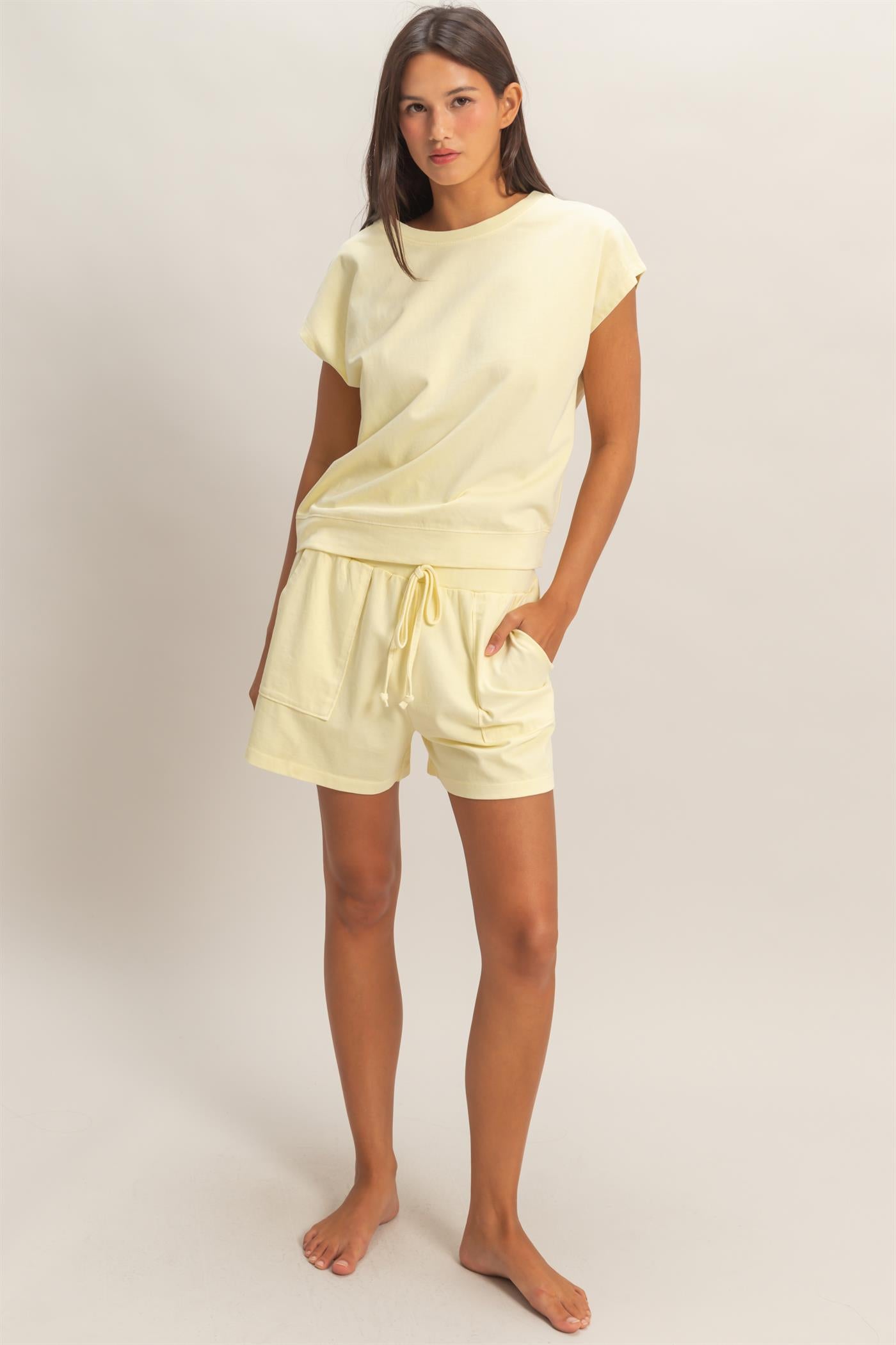 Wholesale Sleeveless Crew Neck Top and Shorts Set Clothing DZ26A028-SET PALE YELLOW DOUBLE ZERO